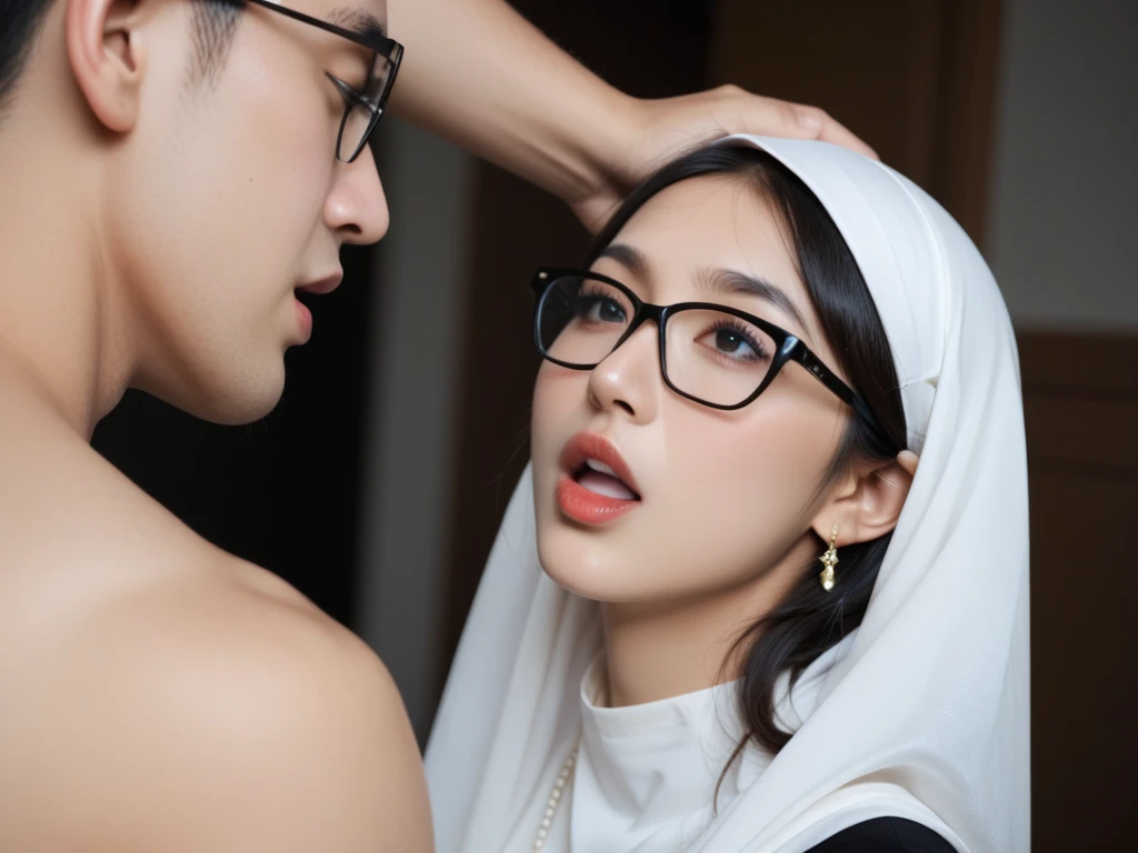 A high school girl wearing hijab, undressing nude breasts, and glasses, kissing a man, closed eyes, detailed horny face, half photoshot