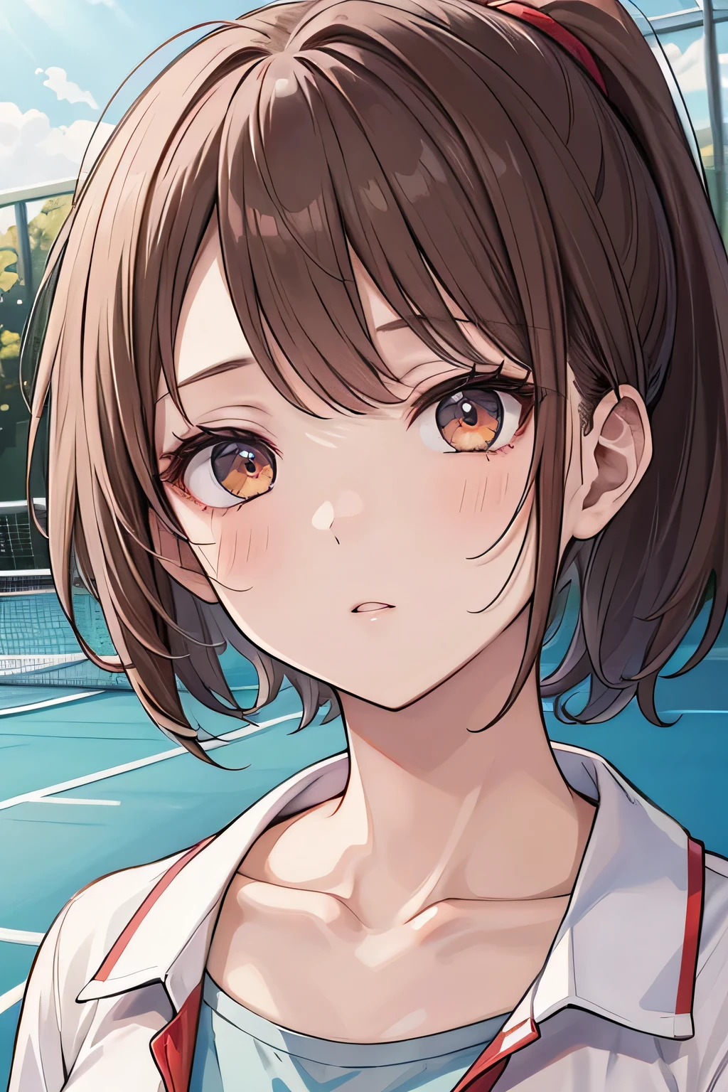 upside down, girl, solo, white and red tennis uniform, brown eyes, short hair, high ponytail, Embarrassing, nose blush, outdoor, tennis court, masterpiece, high quality, 最high quality, beautiful, high resolution, perfect lighting, Detailed Faces, detailed body, masterpiece, 最high quality, intricate details, 8k uhigh resolution, completely complete, perfect eyes