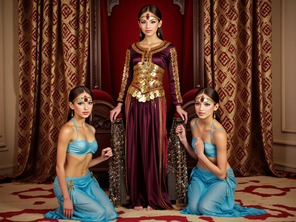 ((Golden Nude 3 Girls Full Figure Sitting on Rajpoot Throne)), ((Golden and Purple Interior of Royal Rajpoot Palace)) , Royal Pakistani Looks , Golden and Purple See through silk Drapery, Golden heals in feet, Golden Rajpoot Crown on head, Golden Jewellery on Body, 3 Nude Girls Royal Poses, Front Side, Golden body paint, ((Golden tattoos)), ((Royal Golden and Purple Patterns in Background.)) ((Golden Lights from ceiling.)) (( Golden Floor Patterns))