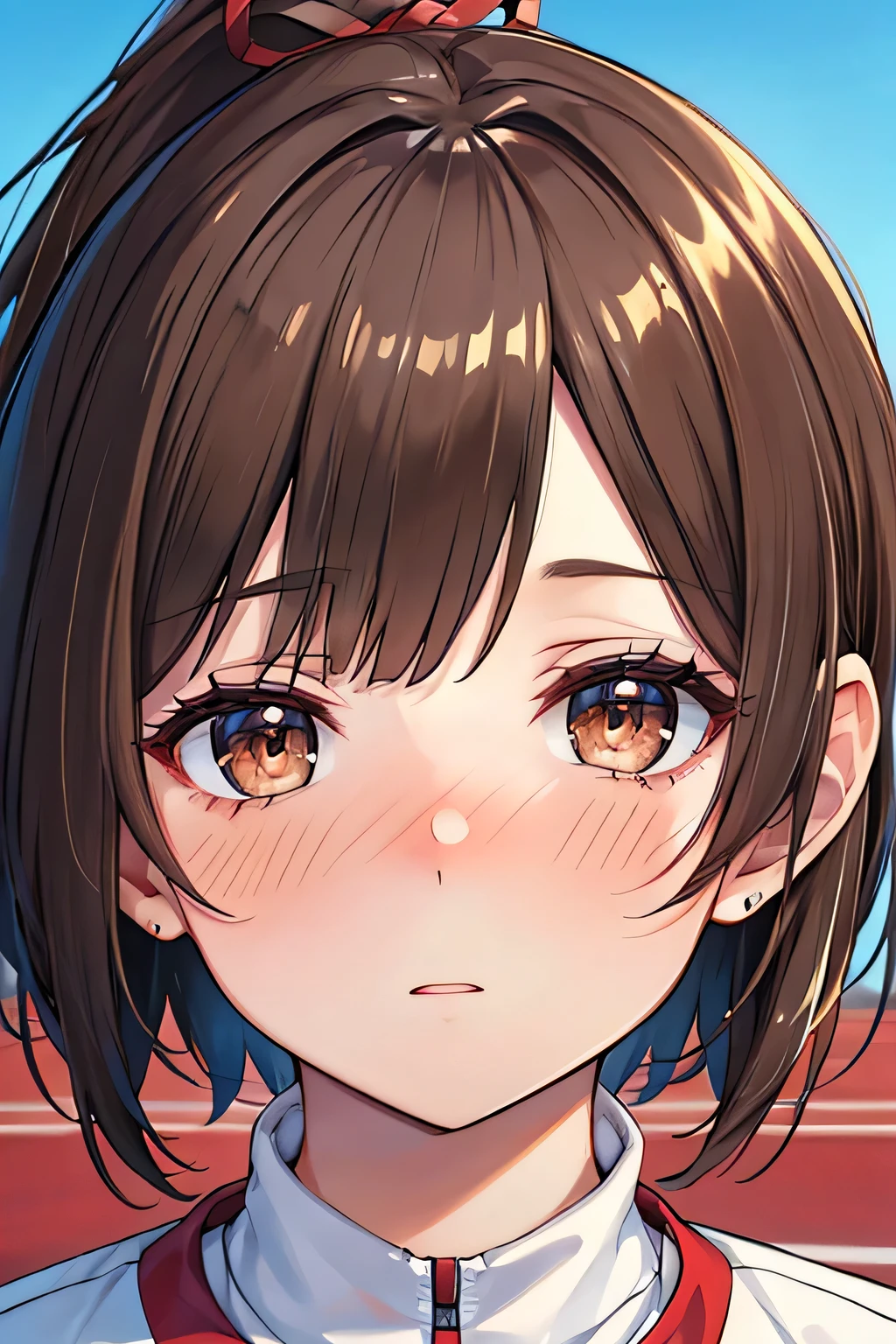 upside down, girl, solo, white and red tennis uniform, brown eyes, short hair, high ponytail, Embarrassing, nose blush, outdoor, tennis court, masterpiece, high quality, 最high quality, beautiful, high resolution, perfect lighting, Detailed Faces, detailed body, masterpiece, 最high quality, intricate details, 8k uhigh resolution, completely complete, perfect eyes