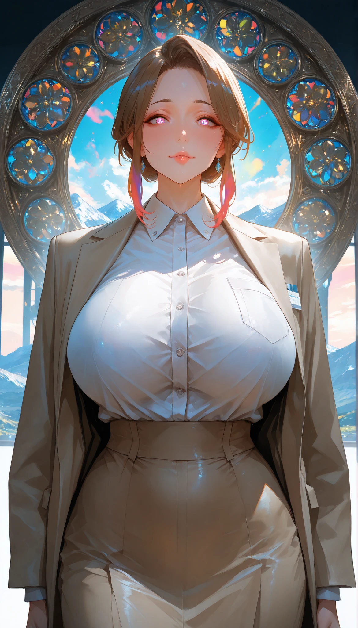 Masterpiece, source_hentai, top quality, amazing quality, very aesthetic, high resolution, 8K, super detailed, perfect lighting, colorful, absurd, latest, 1 Girl, Beautiful Woman, Expressive Eyes, Detailed eyes, Detailed Face, Beautiful Face, Looking at viewer, Moist lips, Large Breasts, Tight Waist, Hourglass Figure, (standing), (mature woman, milf), ((massive breasts)), wearing business clothes Dynamic lighting, Cinematic lighting, Simple background, (Large Digital Artwork), (Detail Cartoon Illustration), (Detail Line Drawing), ((Perfect Anatomy)), (Complex Detail:1.3), (Super Detail:1.3), (1 Ilustration:1.3), (professional clothes:1.3), (Natural Light:1.05), Mountain top