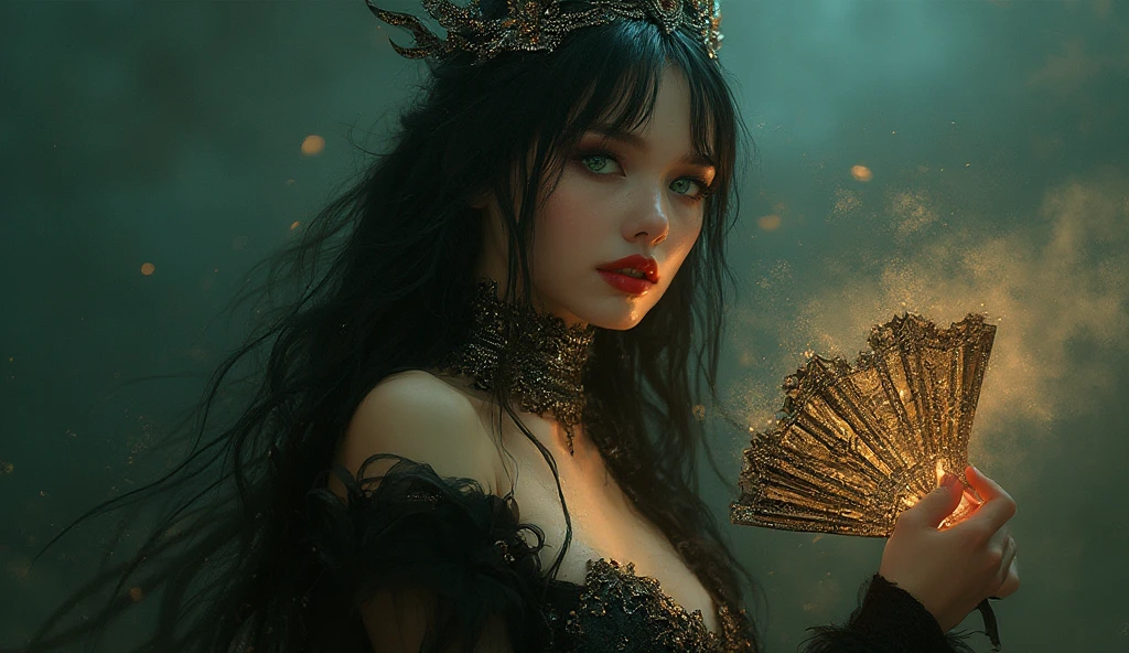 "Complete artwork masterpiece, high quality, ultra detailed in 4k, 8k, high resolution, hyper-realistic photo, hyper-detailed, realistic skin texture, amazing shadows, highly detailed background, extremely detailed texture, perfect lighting, high-level image quality." A queen of high fantasy realm, fair skin, full body pic, long elegant black dress, long black hair, brown eyes, defined face, half-open mouth, small breasts, choker, use woman from reference picture as role model, night lights, high detailed background of fantasy realm night.