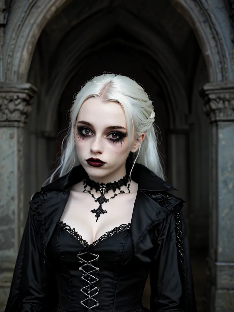 Cassandra has dark brown hair, yellow eyes, very pale, blood around her mouth, she has a sadistic smile, she wears a long black dress with hood and a cape. Behind his back and a flower tattoo on his forehead with the sign of the House Dimitrescu. She holds a sickle in her hand. It is inside a beautiful castle [Woman] [Beautiful] [Vampire] [Black dress] [Blood around her mouth] [Very pale skin] [Inside a beautiful castle] [she has tattoos on her forehead] [She holds a sickle in her hand]