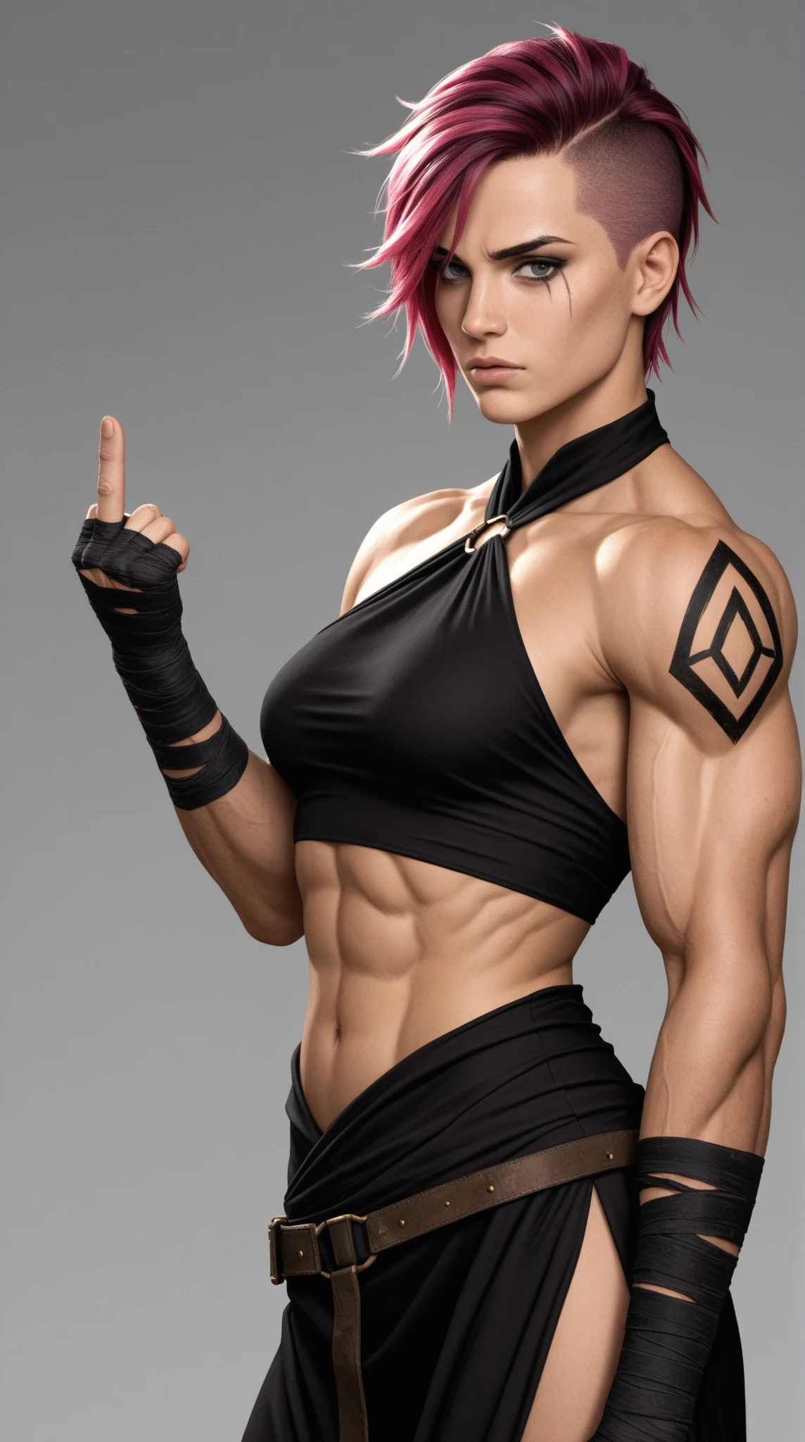((naughty man)) de pele verde, pink  hair, blue colored eyes, with a white tank top and black pants, and a tattoo on the face
