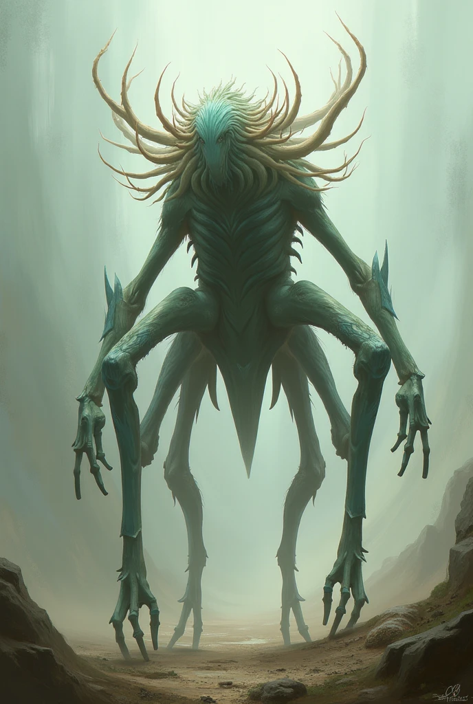 ((best quality)), ((masterpiece)), (detailed), an alien creature, (hr giger inspired), (velociraptor form), pale, milk-white skin, translucent skin, smooth skin texture like a dolphin, no hair, (head like a porpoise), round head, (bulbous head), (xenomorph head), (atrophied eye sockets), (smooth face), (bright prominent gums), (a long tongue like an elephant trunk coming out of the mouth with a squid-like beak at the tip), (protrusions along a skeletal ridged back), (breathing holes on the chest), elongated limbs, a tail that splits into three tentacles, (tentacles with spikes instead of suckers), (walking on long skinny arms), where the legs would be is another set of arms that are used for grabbing, H R Giger, Clive Barker's The Thing, xenomorph, predator, Engineer, dinosaur, sci fi horror, cosmic horror