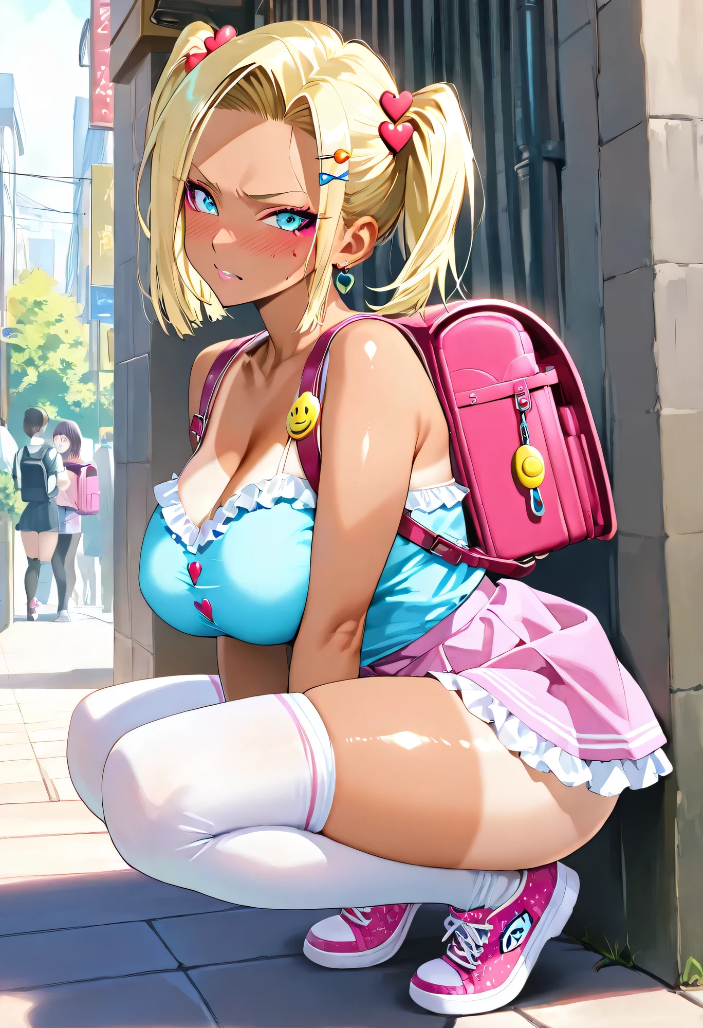 Score_9, Score_8_up, Score_7_up, Score_6_up, Score_5_up, Score_4_up, Source_anime, Tag1, Tag2, Quality_masterpiece, Anatomically correct, Beautiful face, Perfect face, Highly detailed beautiful face and eyes, Attractive face, Detailed face, Delicate facial features, Detailed skin, android 18, 39 years old, blonde hair, High twin tails, looking at viewer, solo, hot sexy woman with huge and thighs , Fat body, Embarrassed, Star shaped hair clip, Heart shaped hair clip ,thighhighs, full body , from side , extreme low angle, Squatting in the middle of a busy street, Navel-baring look , jyojifuku, print clothes,pastel color clothes, shirt, skirt, thighhighs, backpack, socks, shoes ,kawaii makeup, sukumizutan, tanlines, tan, Skirt with lace frills, Heart shaped button badge, Star Shape Button Badge, Yellow Smiley Button Badge, crime prevention buzzer, pink backpack with embroidery, Printed sneakers ,