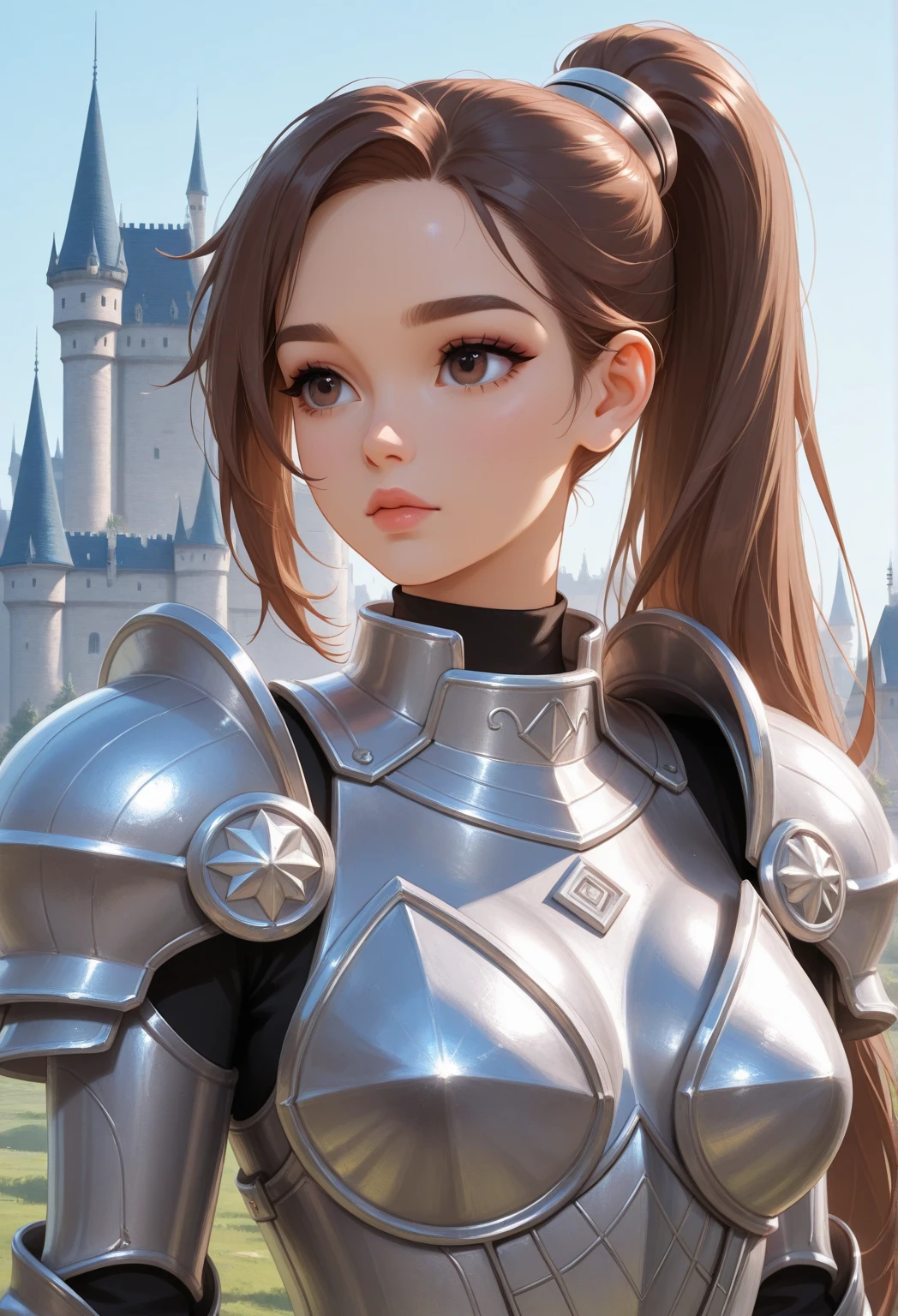 (masterpiece, best quality:1.2),  shadowheart, 1girl, solo, looking at viewer, ???????, armor, shoulder armor, pointy ears, braid, breastplate, bangs, pauldrons, ponytail, hair ornament, scar, white background, simple background,