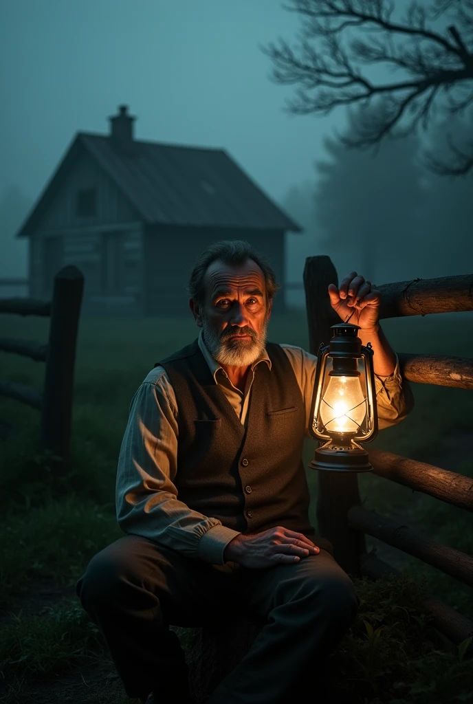 "An old man with a weathered face and deep eyes sitting in a rustic countryside setting at night, holding a flickering kerosene lantern. Mist surrounds the area, and behind him, a dark forest stretches into the distance. The atmosphere is eerie and mysterious, with dim, cinematic lighting and a sense of supernatural tension. Vintage rural clothing, wooden fence, and an old house barely visible in the fog