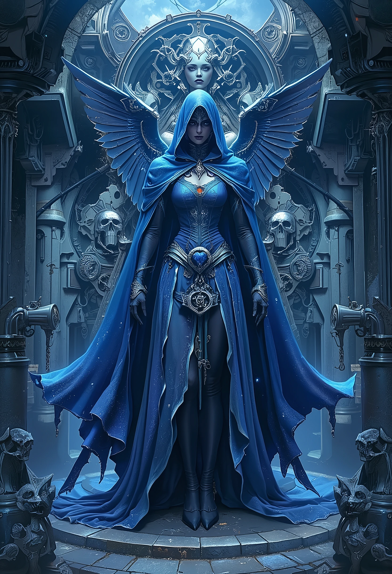 8k, dark_fantasy, (Indigo Witch, yellow: 1.5), Angel Face, 1 person, Standing full-body portrait, Mechanical Wonders , Robot Presence