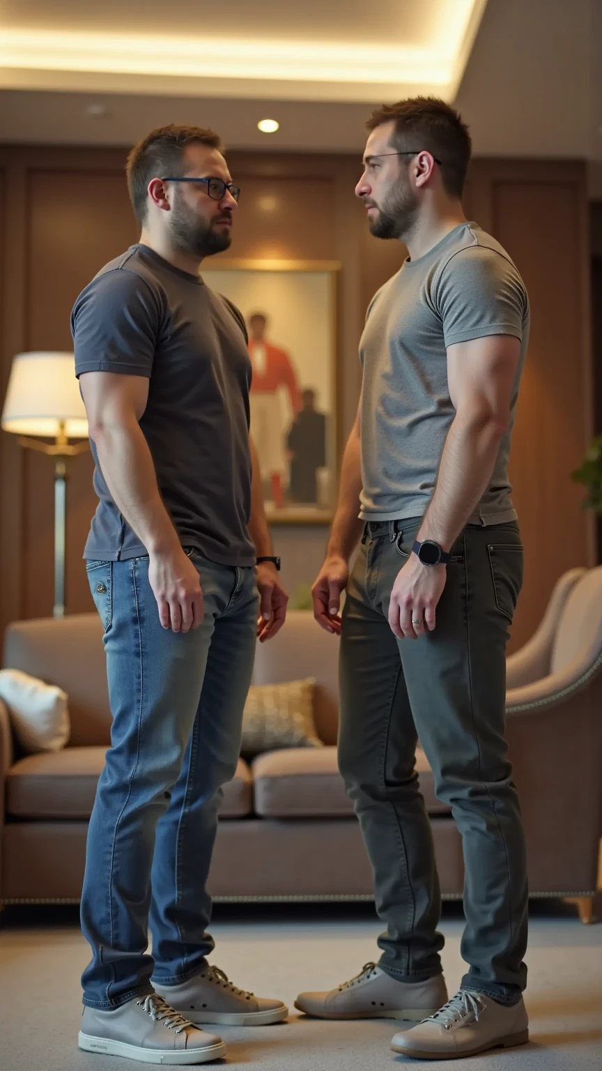 Create a muscular man in a sweater with short brown hair and a beard, his build is very robust