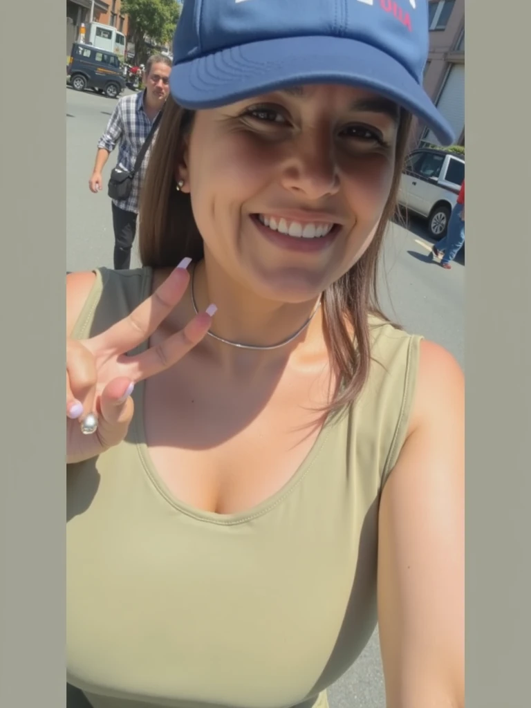 Woman in black top holding her hand in front of a building, waving to the camera, Alanis Guillen, selfie of a young woman, 30-year-old woman from Cuba, waves her hand to the camera, Karla Ortiz, Violet Myers, holding her to the camera, waving and smiling, selfie taken directly at the angle, beautiful surroundings, medium breasts with the protruding beaks