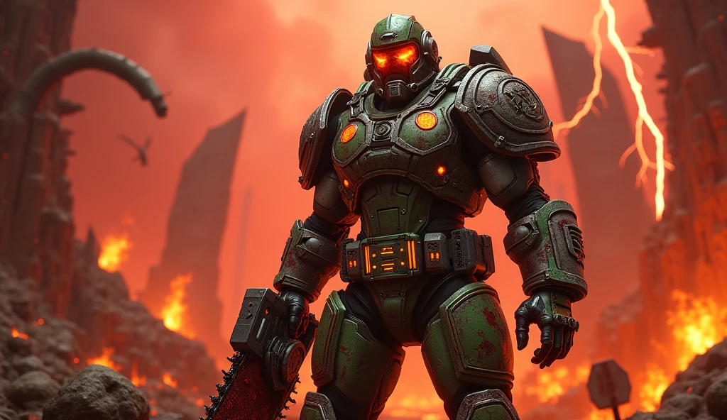 cinematic photo a man with weapons, full body, apocalyptic background, flames <lora:Doom1024-000350:0.7> . 35mm photograph, film, bokeh, professional, 4k, highly detailed
