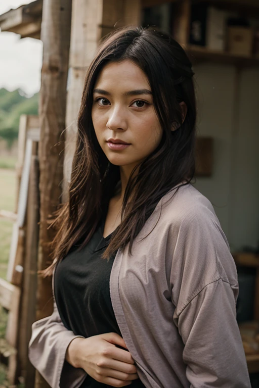 a young busty native american lady with squinting upturned eyes and long wavy hair wearing a baggy shirt
