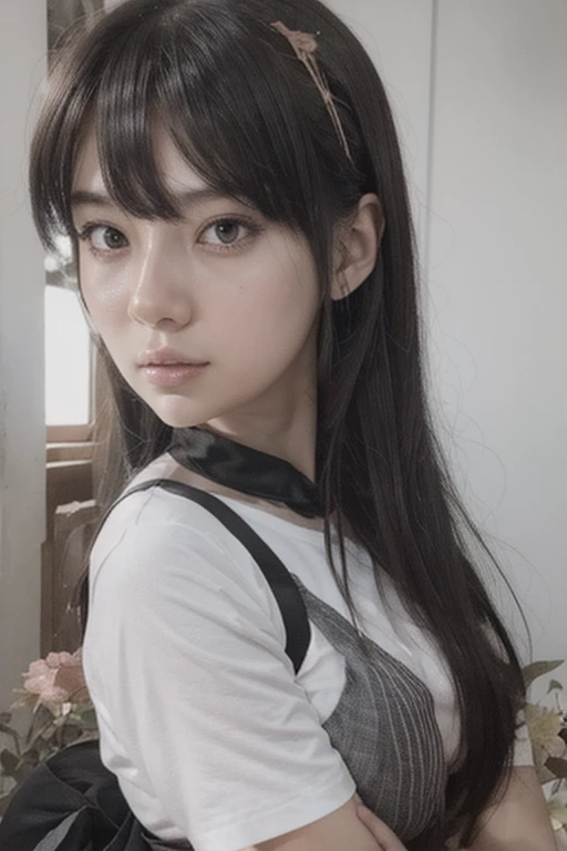  girl pale skin medium straight hair with black bangs and wearing a Japanese 