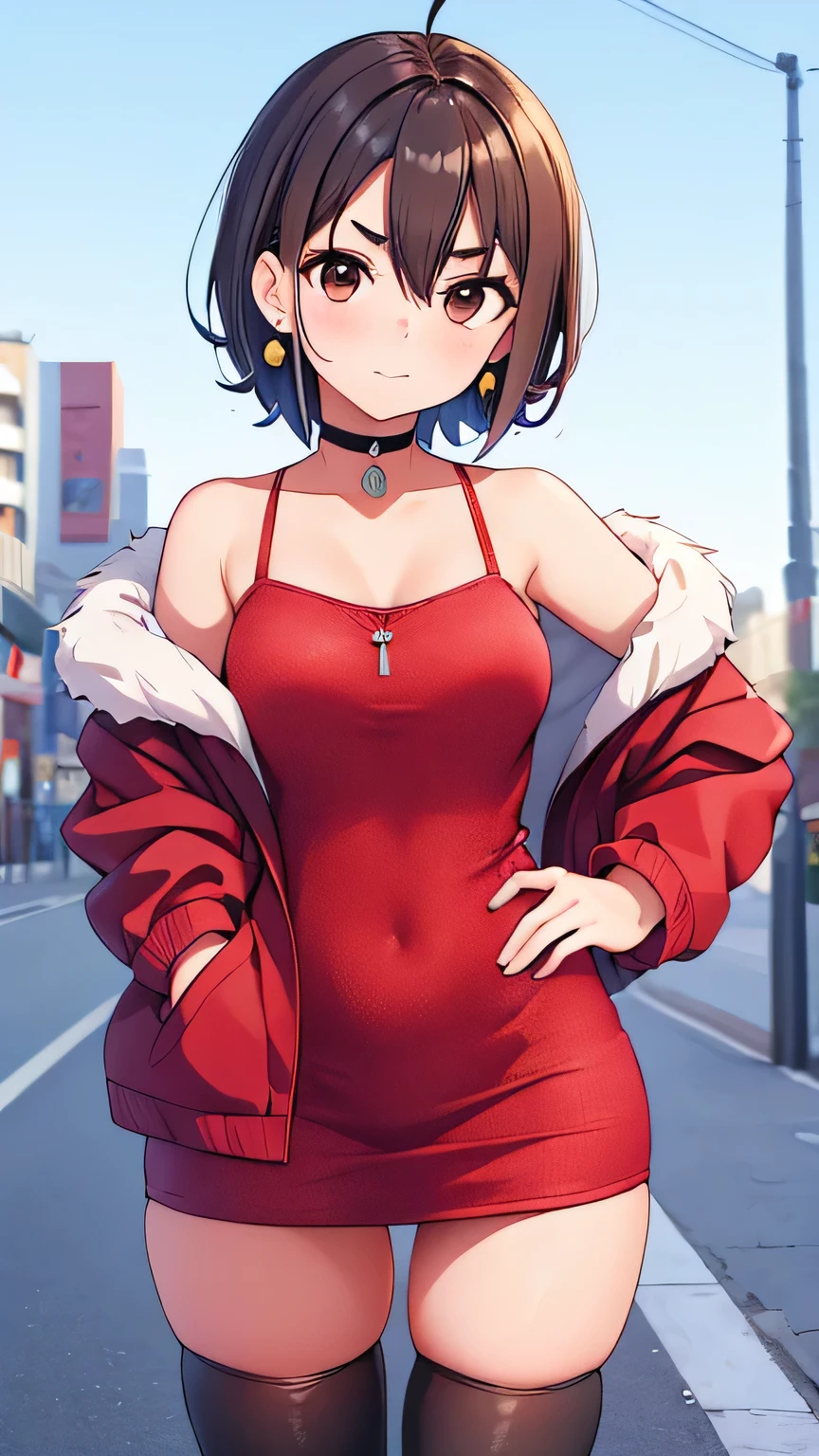 1girl absurdres ahoge ayase_momo black_choker black_thighhighs brown_eyes brown_hair choker closed_mouth collarbone commentary cowboy_shot dandadan dress earrings fur-trimmed_jacket fur_trim glint hair_between_eyes hand_on_own_hip highres jacket jewelry leaning_to_the_side long_sleeves looking_at_viewer official_alternate_costume open_clothes open_jacket red_jacket sachihiro serious short_dress short_hair sleeves_past_wrists solo thighhighs v-shaped_eyebrows zettai_ryouiki