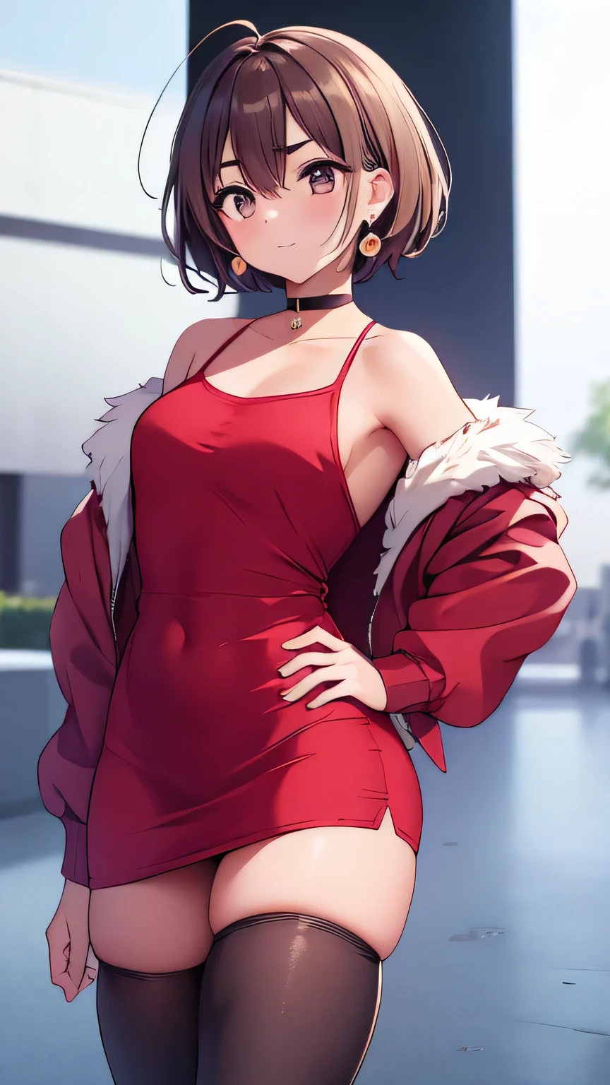 1girl absurdres ahoge ayase_momo black_choker black_thighhighs brown_eyes brown_hair choker closed_mouth collarbone commentary cowboy_shot dandadan dress earrings fur-trimmed_jacket fur_trim glint hair_between_eyes hand_on_own_hip highres jacket jewelry leaning_to_the_side long_sleeves looking_at_viewer official_alternate_costume open_clothes open_jacket red_jacket sachihiro serious short_dress short_hair sleeves_past_wrists solo thighhighs v-shaped_eyebrows zettai_ryouiki