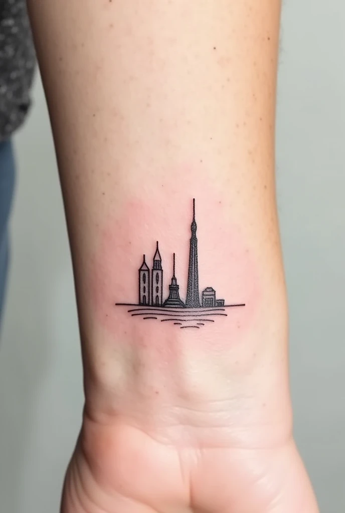 Tatouage style old-school, épuré, en noir et blanc, la tour 101 de Taipei, le Perth skyline et la tour Eiffel. Rajouter le 15/08/2016 et le 11/12/2020