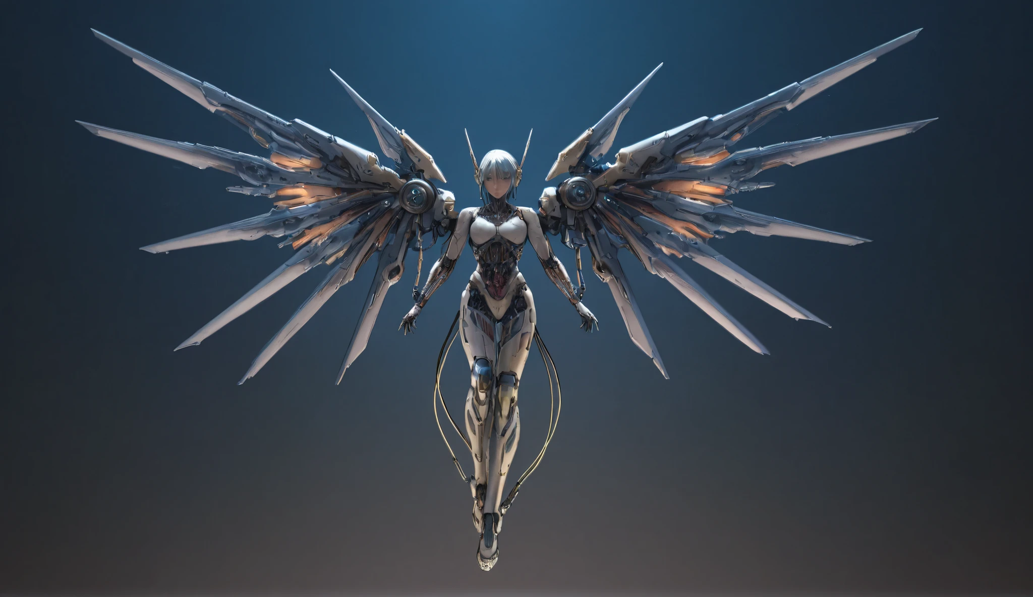 Anime drawn image, intricate, detailed, ornate, fantasy, machinery, neon, cyborg, mechanical parts, mechanical limbs, mechanical wings, cybernetic augmentations, probes, cables, wires, suspended in the air
