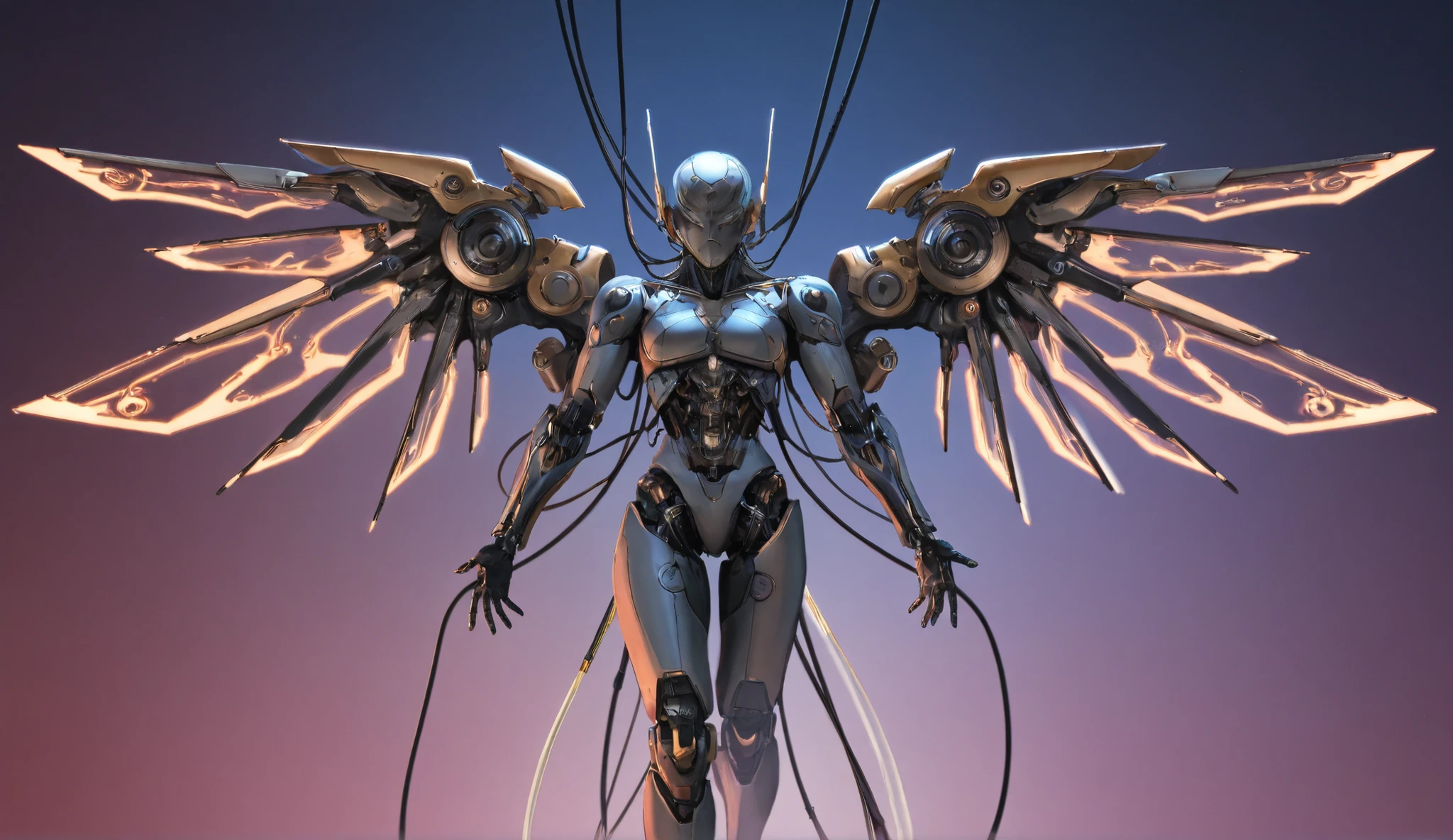 Anime drawn image, intricate, detailed, ornate, fantasy, machinery, neon, cyborg, mechanical parts, mechanical limbs, mechanical wings, cybernetic augmentations, probes, cables, wires, suspended in the air
