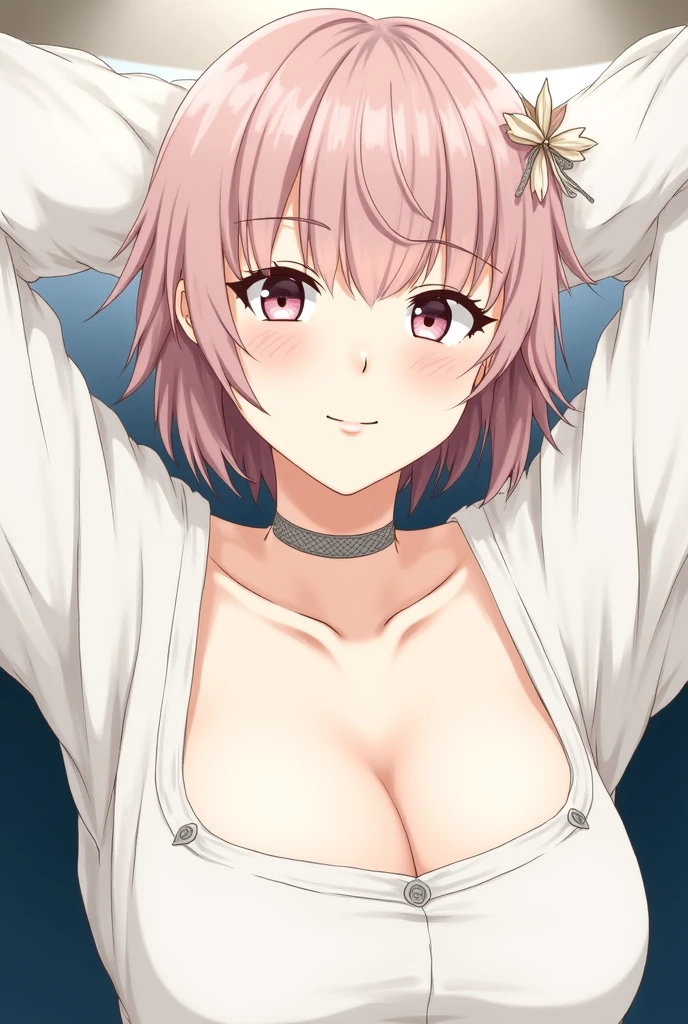 (masterpiece,Highest quality,8K,Ultra-high resolution),appropriate margins,Emphasize the face,church,BREAK,1 person,Very beautiful adult woman,Slim body,Very large breasts,Bust 120,Upturned chest,Cleavage,BREAK,Purple Hair,Thick eyelashes,(Red eyes),short hair,unkempt,Braiding,A slightly shy face,BREAK,White blouse,Distressed jeans