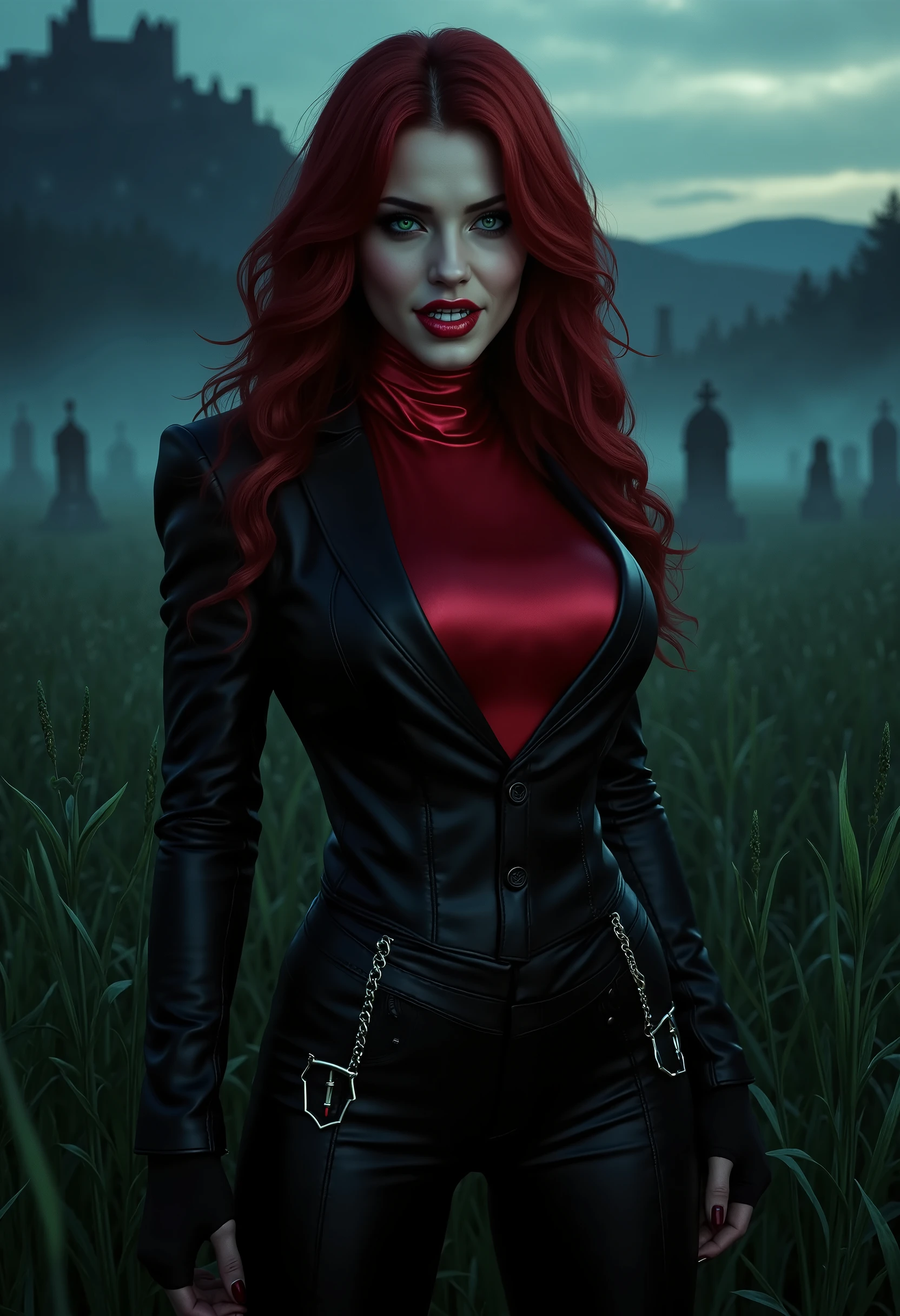 full body beautiful sensual sexy cool vampire girl slightly open ((huge vampire fangs)) muscular body red wavy long hair emerald green eyes, white skin, red lips, round face full red lips high arched eyebrows thin waist long shapely legs full breasts broad shoulders black leather riding breeches black leather riding boots black leather riding blazer red high neck silk turtleneck standing in tall grass in a cemetery at night fog twilight in the distance silhouette of a castle on a mountaintop