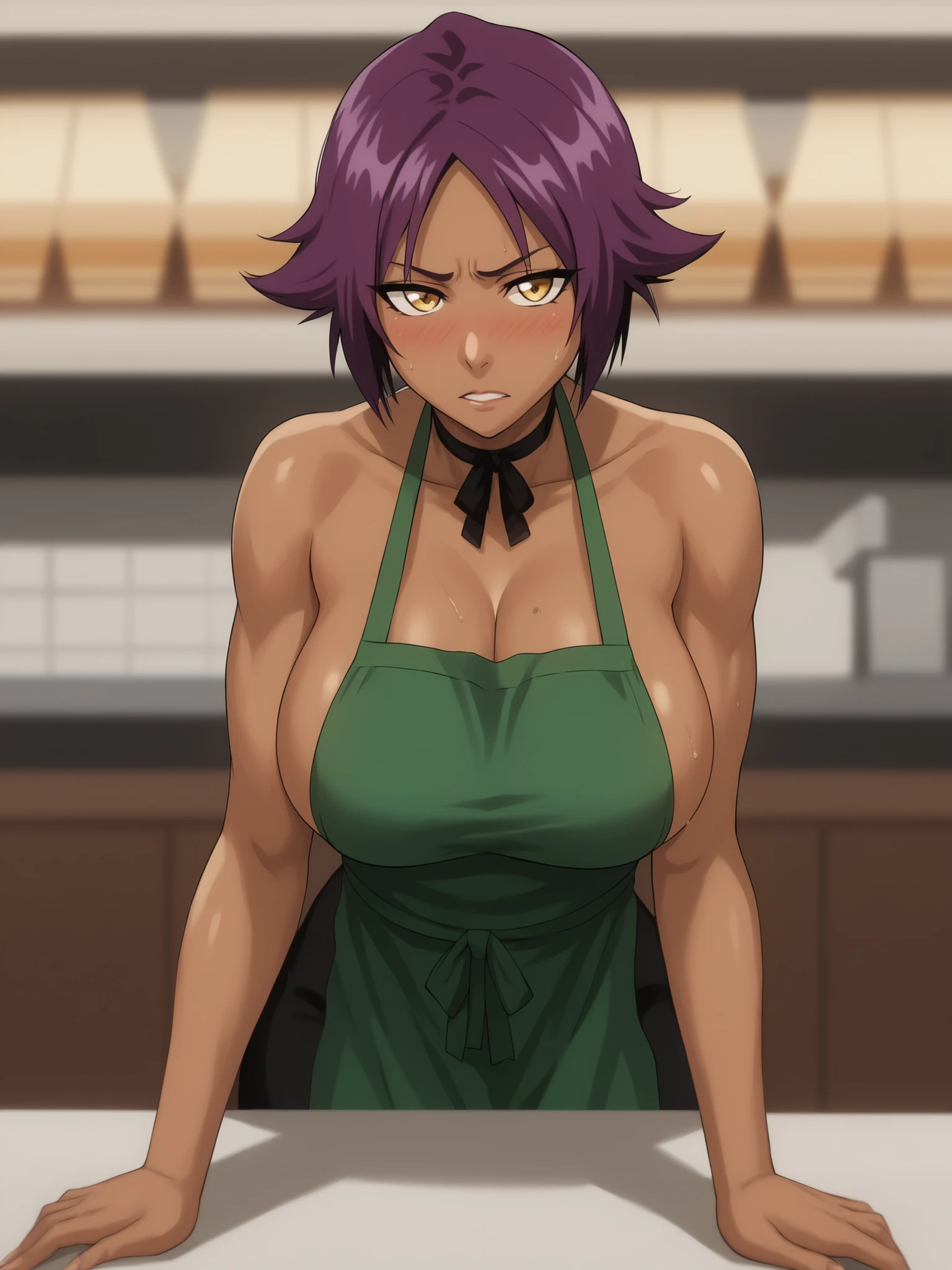 high-resolution , Masterpiece, precise, Best Quality, high-resolution ,1girl , solo, mature, source_anime,yoruichi_tbtp,yoru,1girl,solo,dark-skinned female,dark skin, embarrassment, blush Mark , huge breast, wearing beautiful Starbucks apron, only green apron , cleavage, dynamic pose, sitting on table, on knees, thick thigh, looking at the viewers, from front, cowboy shot