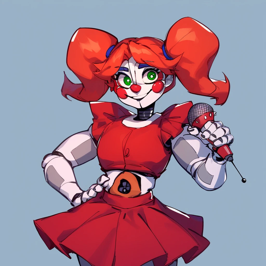 Beautiful clownness, red hair, ponytail hairstyle, sexy lush breasts, detailed chest lines, cute face, green eyes, holding a microphone in her hand, 3D rendering, hyper-detailing, hyperrealism