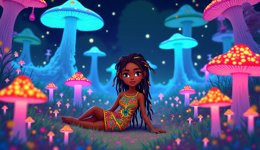 a beautiful nude 20 year old black woman with big messy hair, reaching for a glowing mushroom, sitting on a giant glowing mushroom, fantasy art style, cartoon vibrant, cute detailed digital art, colorful digital fantasy art, digital fantasy art ), glossy digital painting, pastel vibrant