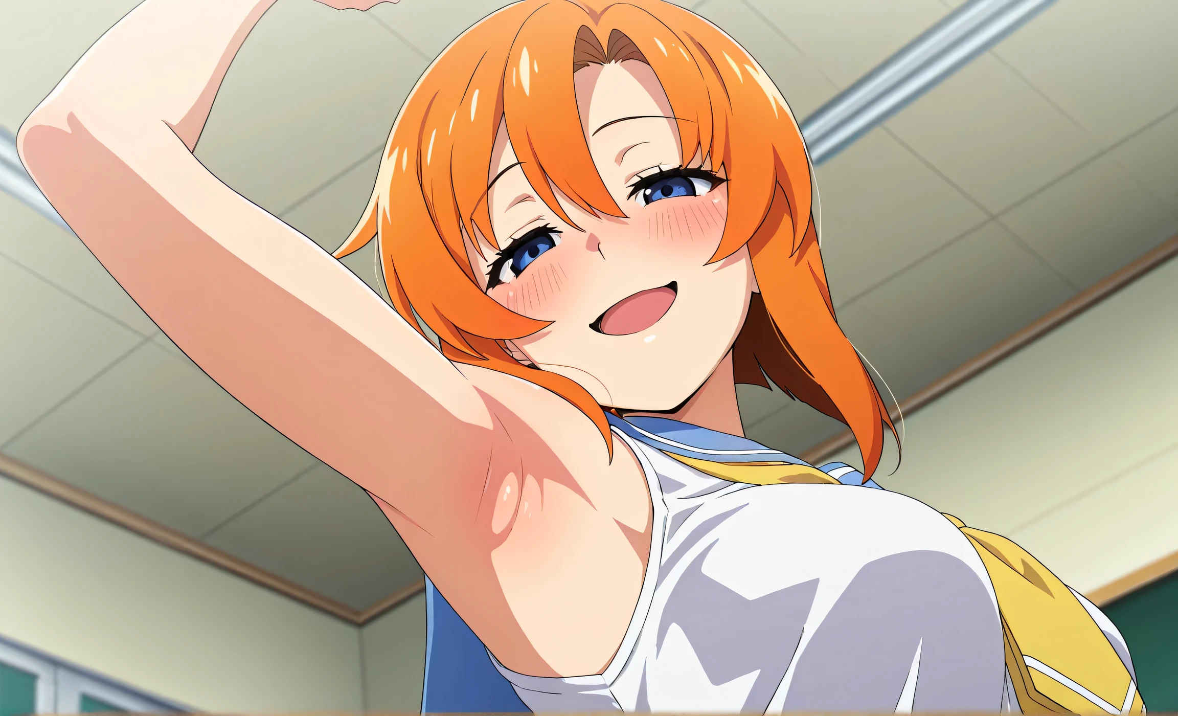 1girl, 18 years old, cheerful, reddish orange long hair, one side up, blue eyes, white pupils, large breasts, bangs, nude, meow pose, meow, maid cafe