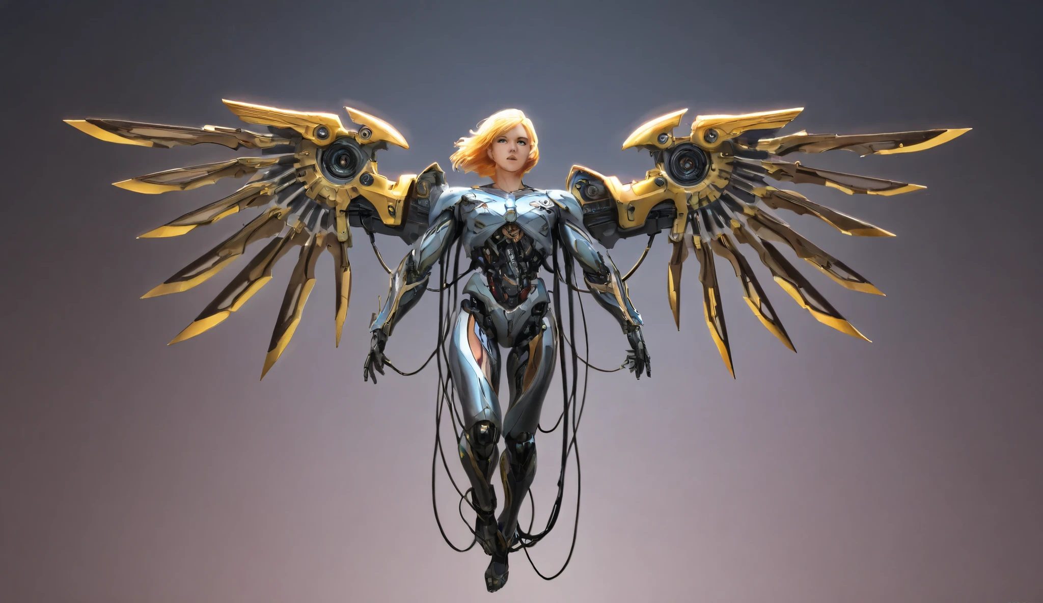 Anime drawn image, intricate, detailed, ornate, fantasy, machinery, neon, cyborg, mechanical parts, mechanical limbs, mechanical wings, cybernetic augmentations, probes, cables, wires, suspended in the air