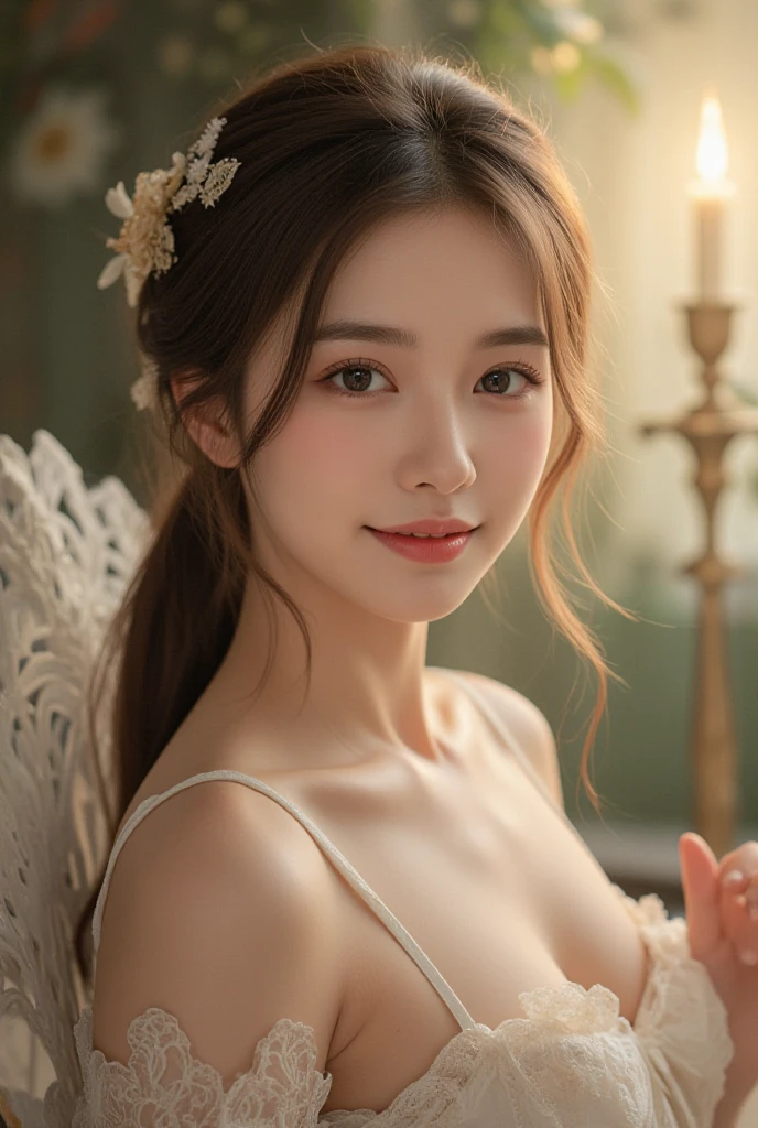 Ancient Greek maiden, ancient greek clothes, Woman, Pure smile, Caravaggio's paintings, Rose flower, fruits, big tits ton、 ,Caravaggio Chiaroscuro, Dark background,Expression of pleasure,Cute smile,burst into laughter