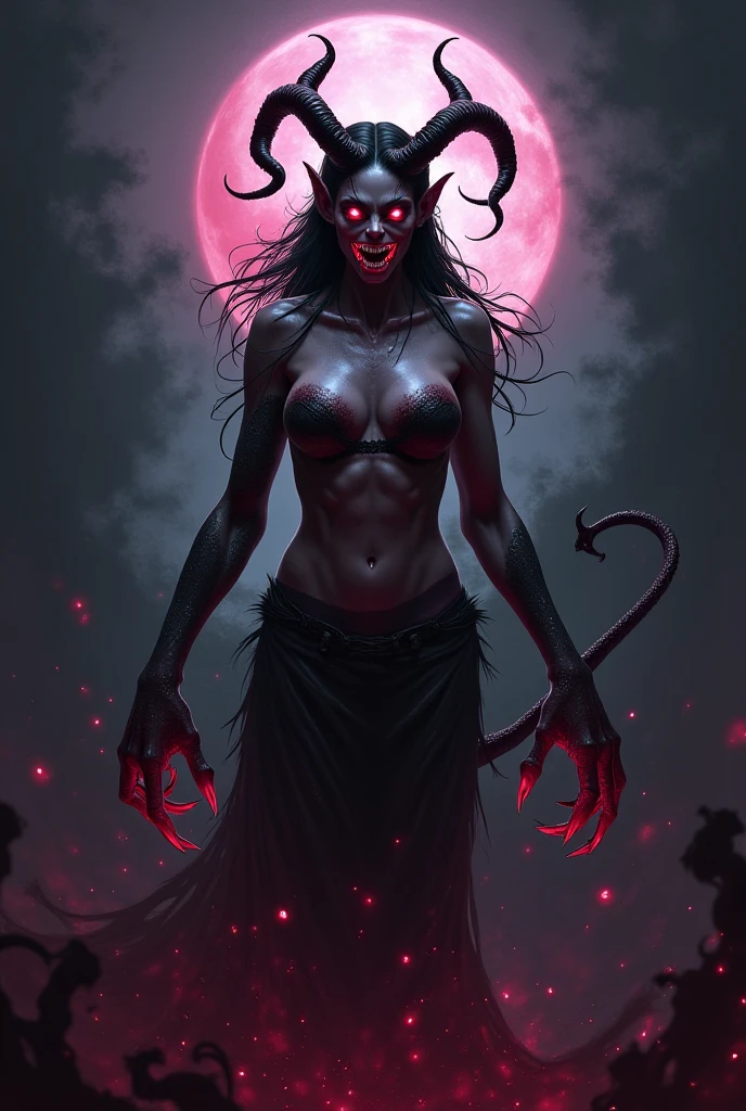 a goat girl demon with big horns, fully clothed, blood body paint, ((claws, demon wings, demon tail)), demonic armor, blood splatters, skulls on the floor, necromancer ritual , candles, witch, medieval, dark room, dim light, masterpiece, realistic, oil painting --auto --s2