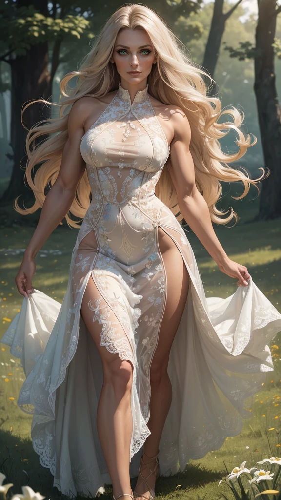 Women with ,golden curly hair,Blue eyes,white fox ears,,white translucent long dress with thin straps