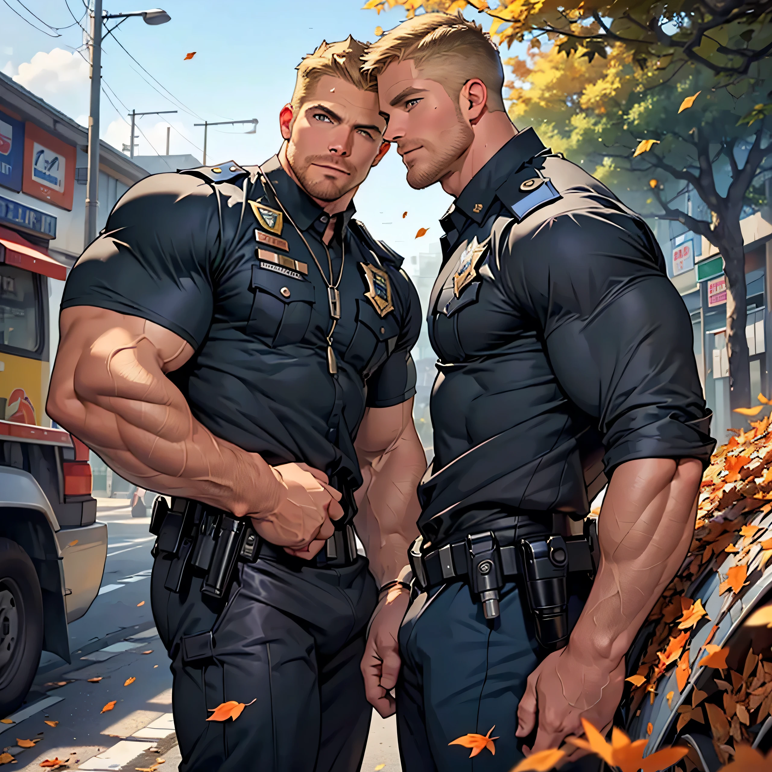 (((Stephen amell as a handsom policeman, wearing policeman outfit )))), (((dark NYPD OUTFIT , showing a bulge ))) ((( perfect anatomy, perfect male anatomy))), masterpiece,top-quality,, ((( trees and falling LEAVES scene in the background ))),Pose changes ,Hairstyle army cut ,illustration,daddy manly hunk , handsome,((thin man)) ,six pack stomack,narrow waist, hunk Face ,,Lots of body hair daddy hunk ,dark blond hair,(((thick facial blond Hair)))