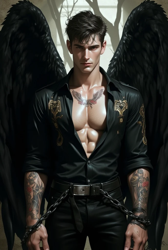 (((angel caido!angel!big black angel wings!Gothic))),perfect composition,!)), ((Unintentionally exposing chest muscles.))body hair, hairy chest, elegant macho, elegant barbilla de chad, Elegant and attractive, Elegante y elegant, elegant hombre, Attractive man, masculino y elegant, , elegant, posing attractive, Attractive man, Attractive man, 35 year old man!Raise your little head,Chimney(first portrait!))showing off his hairy pecs showing off his hairy chest muscles),),(short mustache)Show hairy and muscular eyes..,)head space!Charming and serious look..,(hombre elegant,Dressed in an embarrassing posture,Perfect body anatomy,Beautiful man face detail,perfect foot,perfect hand!Ultra low angle shot!An image of an anime character with a necklace.., muscular man, realistic muscles, human representation style, Gothic, Anime core, meritocracy, at the romantic academy, garbage, Anime core, Aestheticized violence, whole body, dark gym, coloring Waiting to start