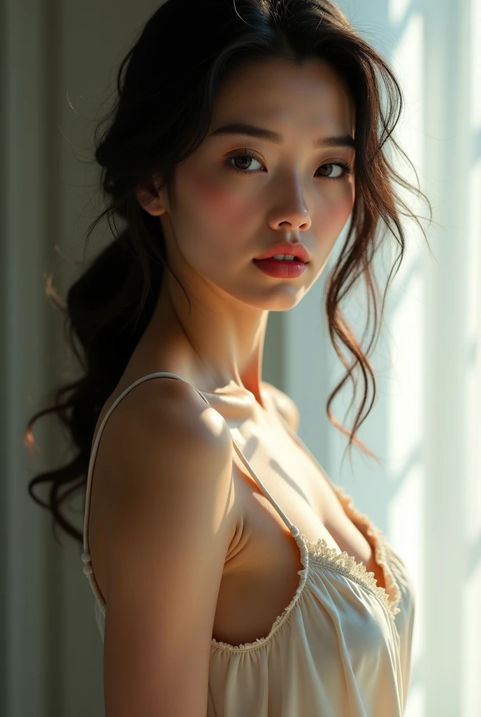(Highest quality:1.4),(masterpiece:1.4),(Realistic:1.4),(Realistic:1.2),(超High resolution, RAW Photos:1.4),(High resolution, Very detailed:1.2),(8k:1.2),photograph,(Shot from behind:1.3)、Korean women、brown hair photos,One Woman,alone,(In underwear),Very large breasts,((Thigh to head shot:1.3))、(((topless、You can see her large breasts from the side.)))、((Toothy smile))、((Very large breasts:1.4))、Realistic skin textures、Slightly freckled、Slender figure、Realistic skin textures、((background,Concrete wall:1.3)),(topless,The breast is visible from the side:1.6),(Long lace slip,White)、3 woman、The angle at which the nipple is not visible、((Updo long hairstyle))、((Black,Long lace slip:1.4))、Correct toes、Detailed facial features、Long slip covers the buttocks and soles of the feet、Long slip covers your butt、