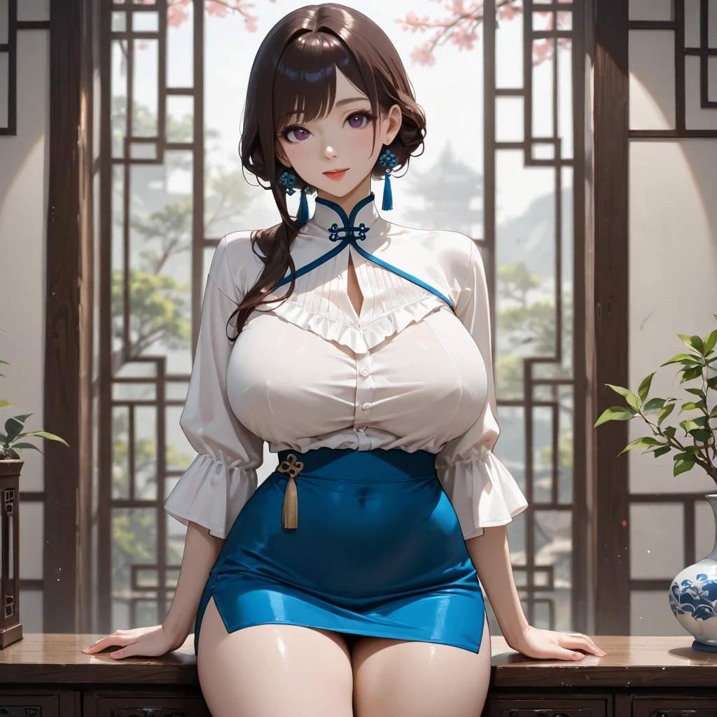 ((masterpiece)), ((best quality)), ((best quality)), (一个girl的插图), whole body, 25 years old,, girl, ((Muscular body)), (Flesh-colored lace cheongsam, (Very large breasts)),((Grooves reveal original skin))
