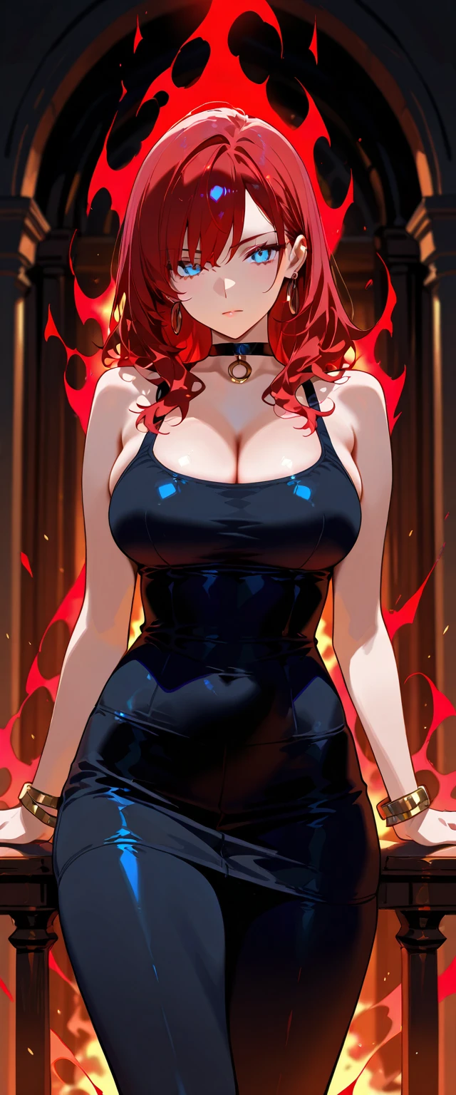 [redbowsette], [Princess_Peach], [Uploaded to rule34.xxx; (suoiresnu), (nekololisama)], ((masterpiece)), ((HD)), ((solo portrait)), ((front view)), ((lower angle view)), ((anime)), ((beautiful render art)), ((detailed shading)), ((intricate detail)), {bowsette; dark skin, cute red eyes, long eyelashes, long red hair, (gorgeous wide hips), (beautiful muscular legs), (thick thighs), (defined arm muscles), (smug smirk), (sharp white teeth)}, {(short black dress), (spike bracers), (spike choker), (red pendant on chest), (spike red earrings), (black heels), (super crown), (fishnet pantyhose), (upskirt black panties)}, {(standing), (looking at viewer), (dynamic pose)}, [Background; (castle ruins), (Volcano), (dark starry sky), (lava), (smoke)]