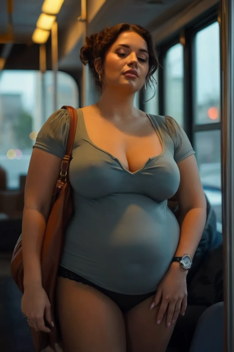 A beautiful, chubby Indonesian woman in Jakarta, with a natural face and no makeup, wearing a gossamer night gown, is standing in a train while holding onto a handstrap. She looks tired and sweaty. 4K photography, hyperrealistic.