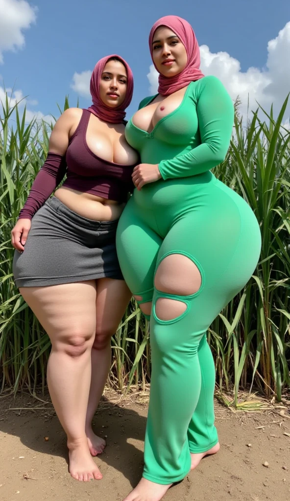 2heads,thicc,(Best quality, 4k, Masterpiece:1.3), beautiful woman, hyper realistic, 1girl, (droopy breasts, attractive body:1.4), ( straight green hair, pony tail), (sweaty, sweating, wet body:1.2), ultra-detailed face, detailed lips, fat stomach, sexy fat, sexy woman, bimbo, dark skin, instagram model, sexy goddess, detailed eyes, hanging breasts, visible curves, cleavage, chubby ,frowning, crying, scared, two heads, conjoined, 2 Curvy Girls, Wide, Thighs Big, Kissing, wearing sexy green skirt, Languorous Stroking Each Other, fat stomach, moaning, mouth open,