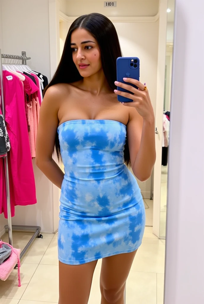 a beautiful influencer woman with short blue hair (blue hair) ((brown eyes)) ((medium breasts))(((model))) working as a model, she is in a shop walking around wearing a beautiful black dress, with several people around her