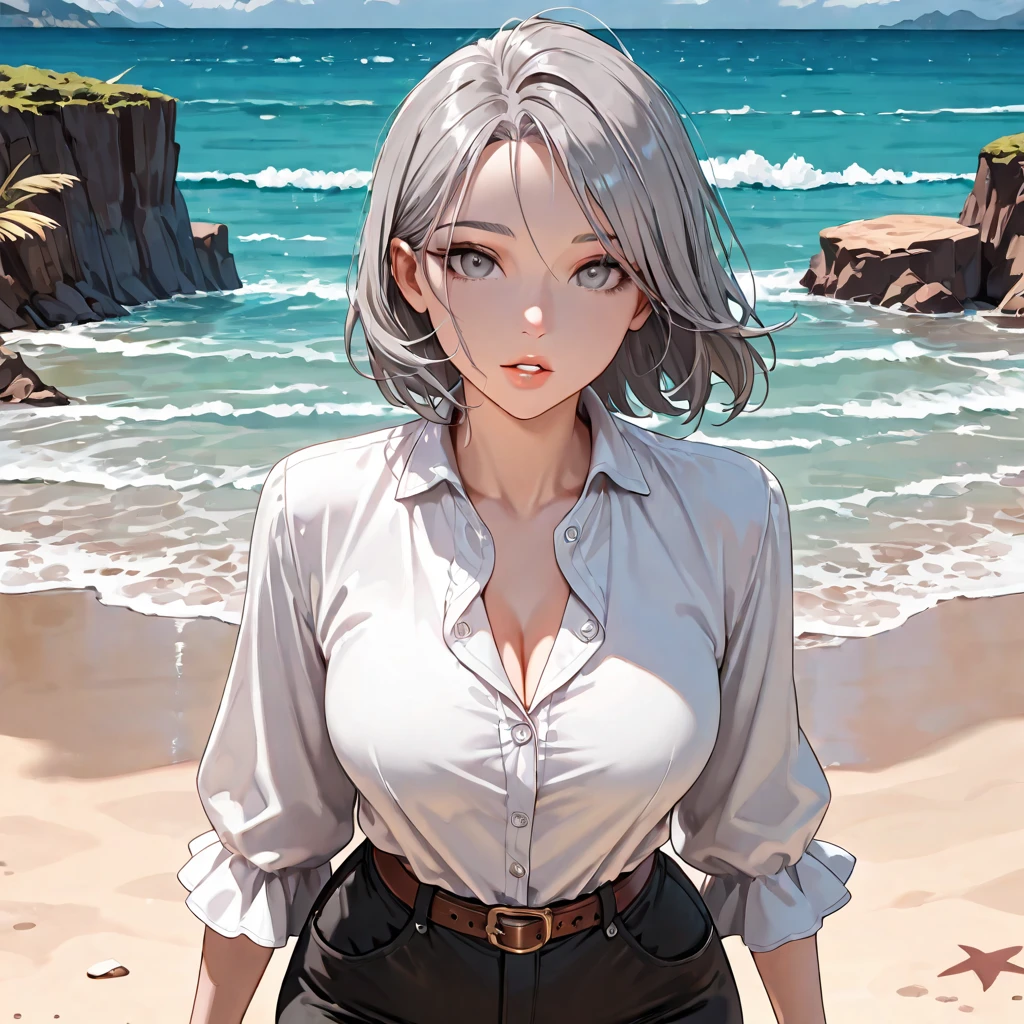 #Basics A girl is posing for a photo, animeのcute女の子, ((One Girl)), (((Baby Face:1.4)) + ((cute:1.5)) + ((18-year-old))),
break
#Clothing Accessories
((Black printed shirt) + (Blue denim skinny pants) + (Black belt for a tight fit around the waist) + barefoot),
((Fancy Gold Bracelet) + (Gold hoop earrings) + (Gold ear cuffs) + (Fancy Necklace)),
break
#Features
((Gray Hair:1.4)), ((slicked back hair:1.4)), ((Long side bangs)), ((Pixie Cut Hair) : Very short hair + Curly hair + Curly Hair + Hair bouncing outside),
((Droopy eyes:1.4, Big eyes:1.4), blue eyes), (Brown skin:1.4),
break
#background environment
((noon + Sunshine + Tropical Beach)),
#Facial Expression Pose
((smile:1.5)), (Crouching at the edge of the waves + (Relax)),
#composition
((Face the camera, (Side angle), Character Focus, Cowboy Shot)),
break
#Body parts elements
(Slim figure),
(Detailed Hair, Beautiful Hair, Shiny Hair),
(double eyelid, Long eyelashes),
(Expression of fine eyes, Beautiful and delicate eyes, Sparkling eyes, Eye Reflexes, Glitter Eyeliner),
(Human Ear),
(Beautiful Nose, Thin Nose),
(Glossy Lips, Beautiful Lips, Thick lips), (Symmetrical facial features),
(Detailed skin, Textured skin, Beautiful Skin, Oily skin),
break
#Quality Image Quality Common
(((Highest quality)), ((masterpiece)), ((Very detailed))), ((Ultra-high resolution)), ((16K, 1080P)), ((Full HD)),
(Anatomically correct), (Realistic), (3DCG), (Oil painting),
((comics, anime)), (CG illustration), (RAW Photos),