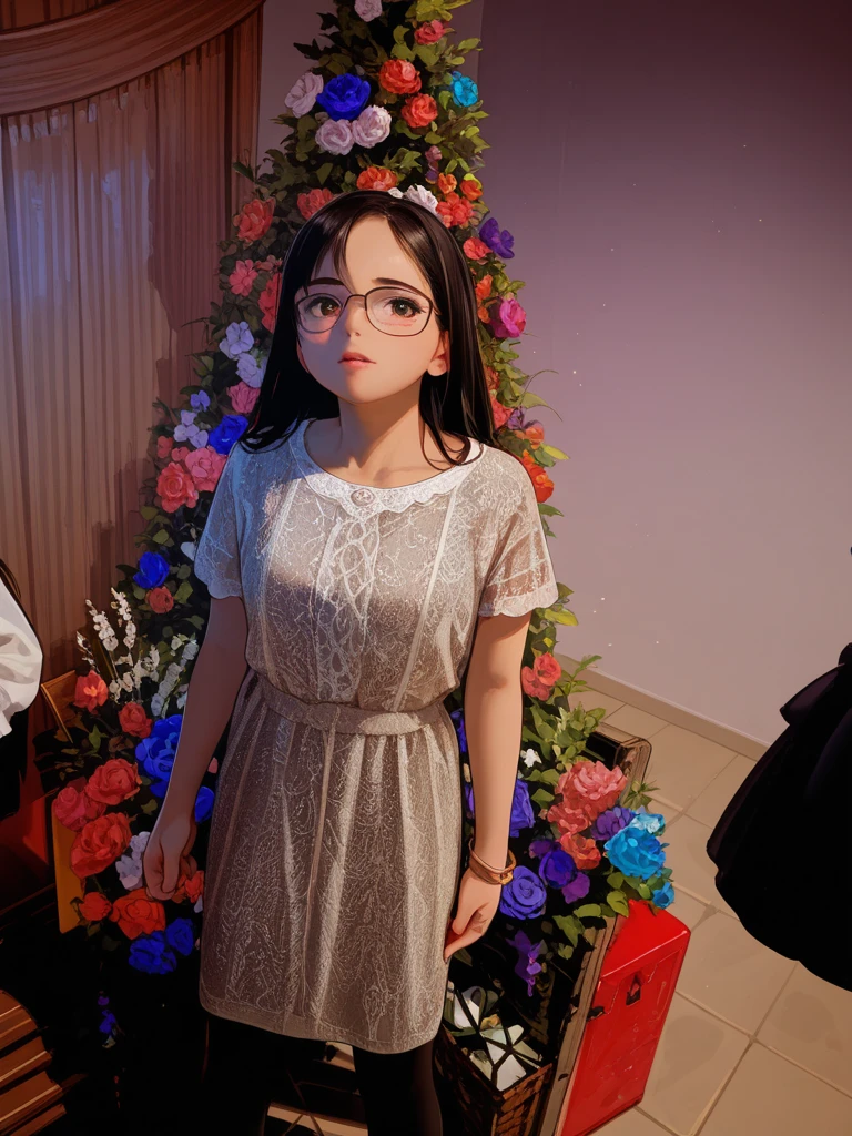 A high school girl worries when looking in the mirror、3rd person perspective、The girl and the person inside the statue look the same