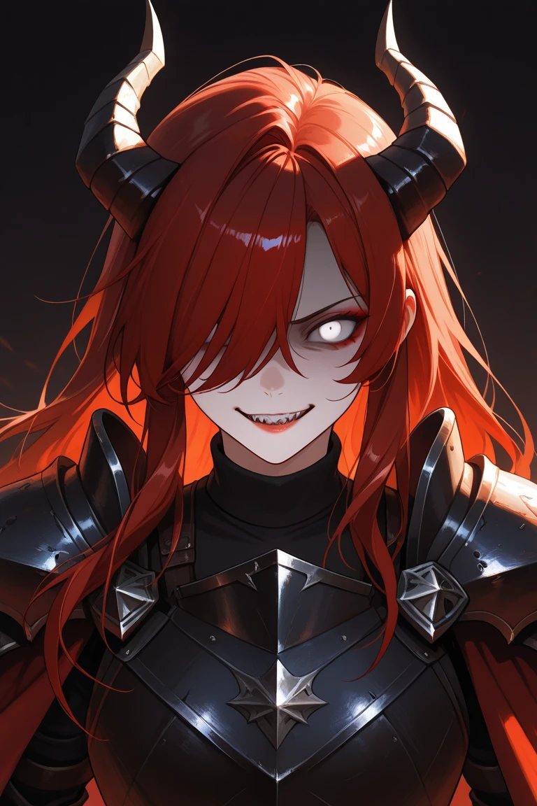 {best quality}, {{masterpiece}}, 1girl, solo, {an extremely delicate and beautiful}, burning ruins,
red hair, {long hair}, blunt bangs, large breasts, black demon horn, black armored dress with red details, cold light, red eyes, detailed eyes, seductive smile, half closed eyes, black kneehigh , blood on face,