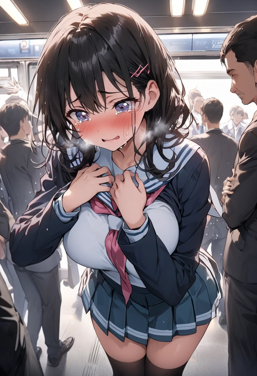 NSFW、masterpiece, 最high quality, high quality, High resolution, One girl, alone, Blue Hair, Long Hair, blue eyes, White shirt ,Black office skirt, Knee socks, whole body, ((Standing leaning forward))、Depth of written boundary, In a crowded train,(((Surrounded by men))),(((Molester)))、(((Body odor、Bad smell)))、(((Sweat)))、((((Sweat染み、Yellowing、odor))))、(((Soaking wet)))、(((((Love juice)))))、((((Detailed pussy))))、(((((Pooping)))))、((Leg spread))、(((Covered in bodily fluids)))、(((Squirting)))、(((cry)))、(((blush)))、(((Pee)))