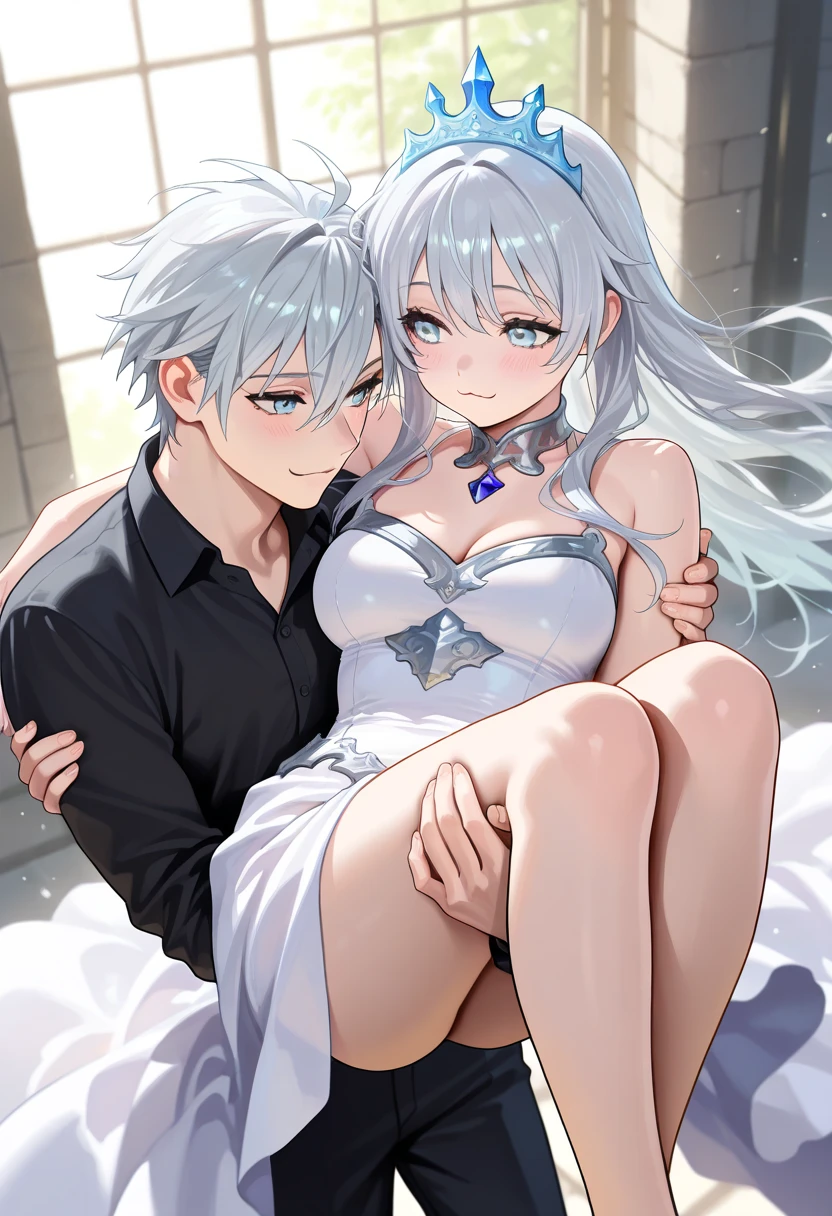 (couple), girl and boy, watching tv in bed together, rich in detail, competitive, happy expression, love, wide angle, 1girl, (((masterpiece, best quality, aesthetic, heavenly))), ((girl elf ,with blue eyes, white long hair)), intimate, 1boy, ((boy with blue eyes, short black curly hair))