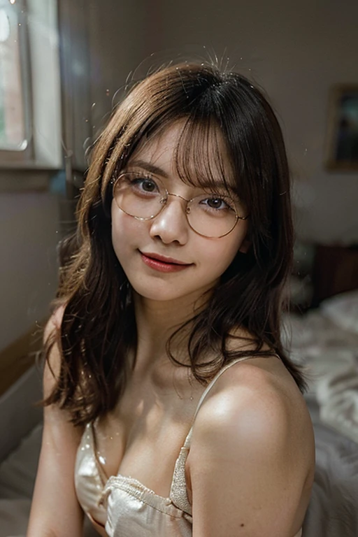 (cinematic angle: 1.2), (1 girl, night gown dress),(best quality, detailed details, masterpiece, official art, movie lighting effects, 4K), short ponytail, white hairband, big breast, in bedroom, rimless glasses, moa kikuchi, (looking at viewer, smile),