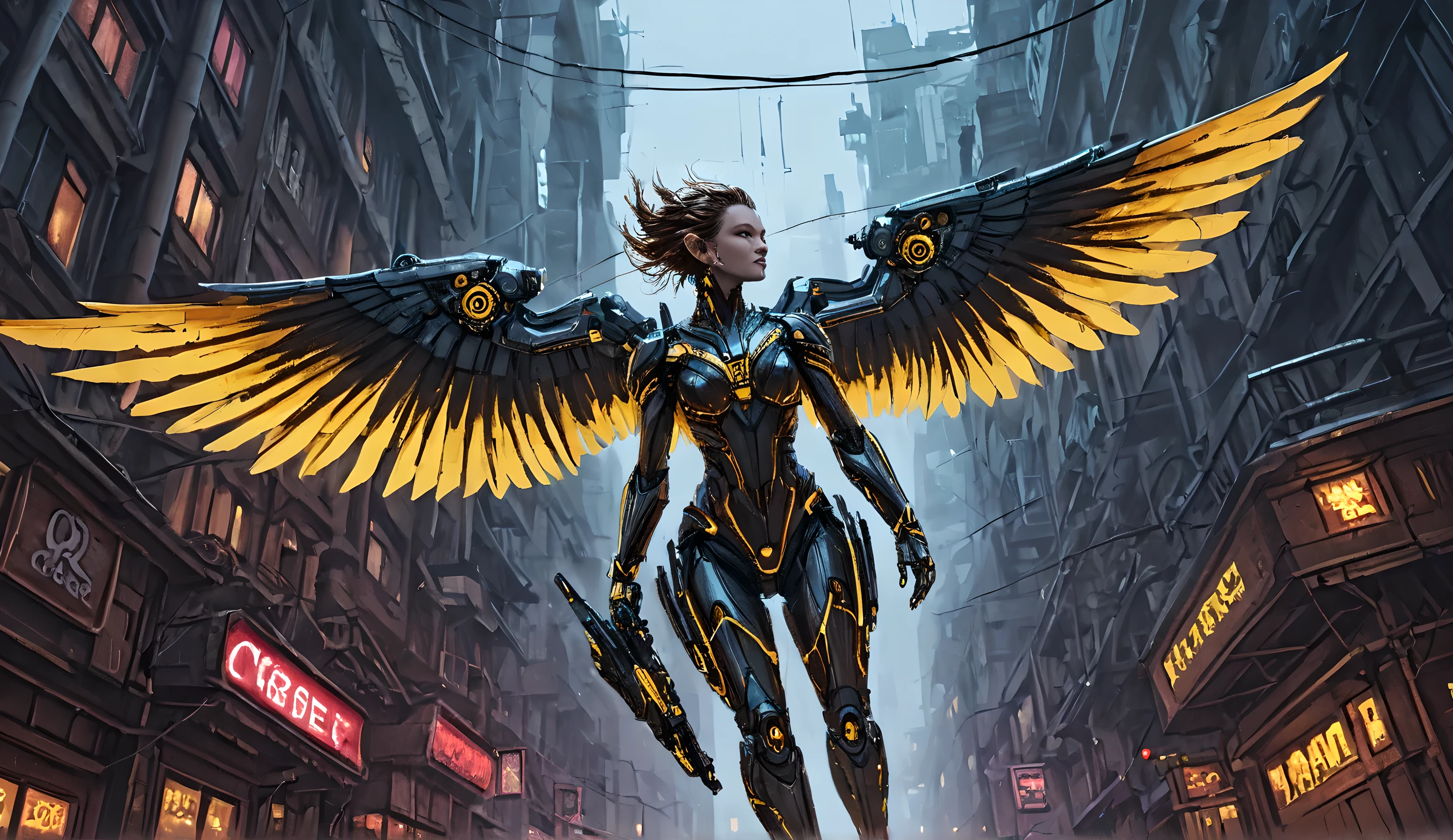Anime drawn image, intricate, detailed, ornate, fantasy, machinery, neon, cyborg, mechanical parts, mechanical limbs, mechanical wings, cybernetic augmentations, probes, cables, wires, suspended in the air