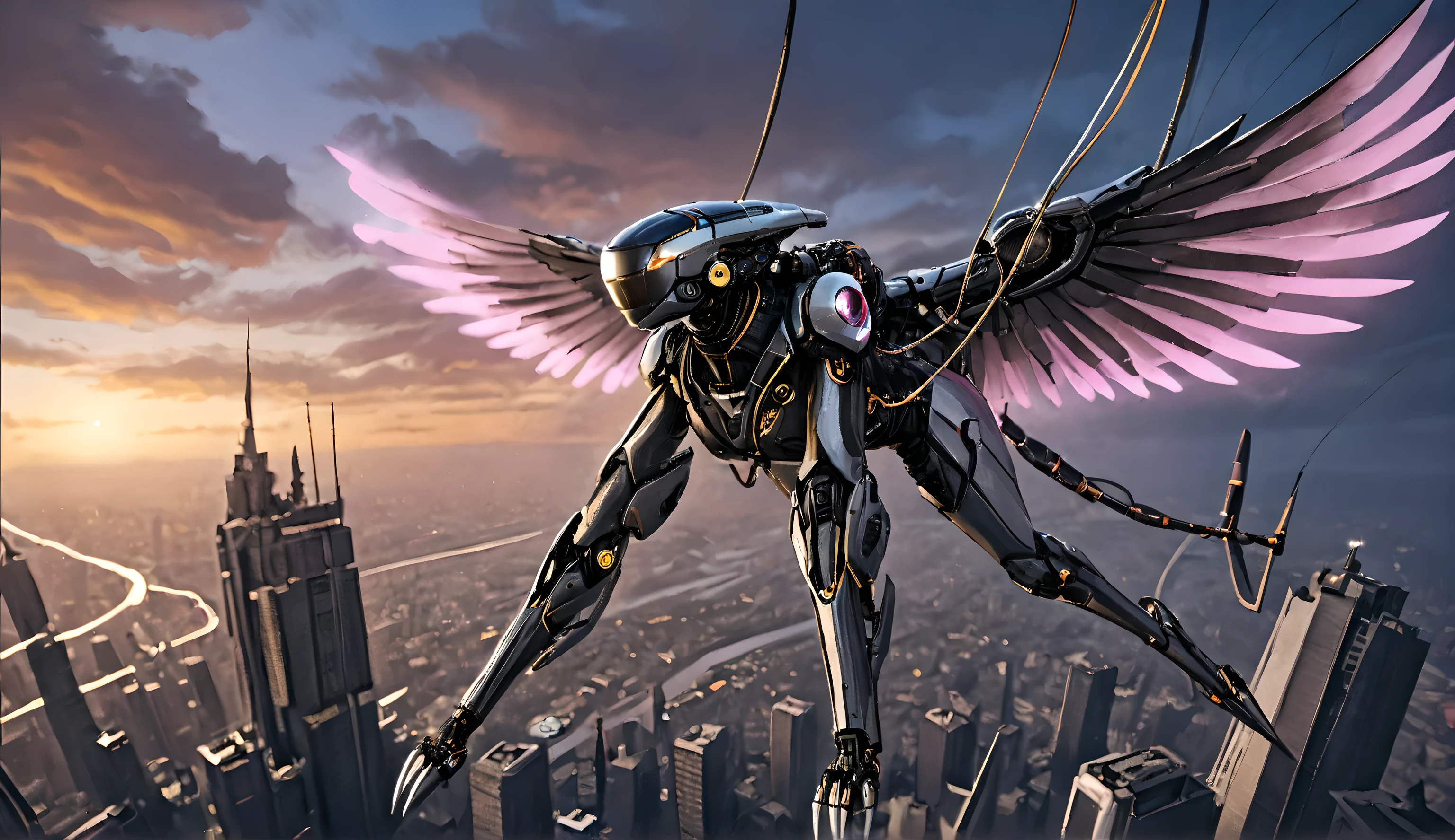 Anime drawn image, intricate, detailed, ornate, fantasy, machinery, neon, cyborg, mechanical parts, mechanical limbs, mechanical wings, cybernetic augmentations, probes, cables, wires, suspended in the air