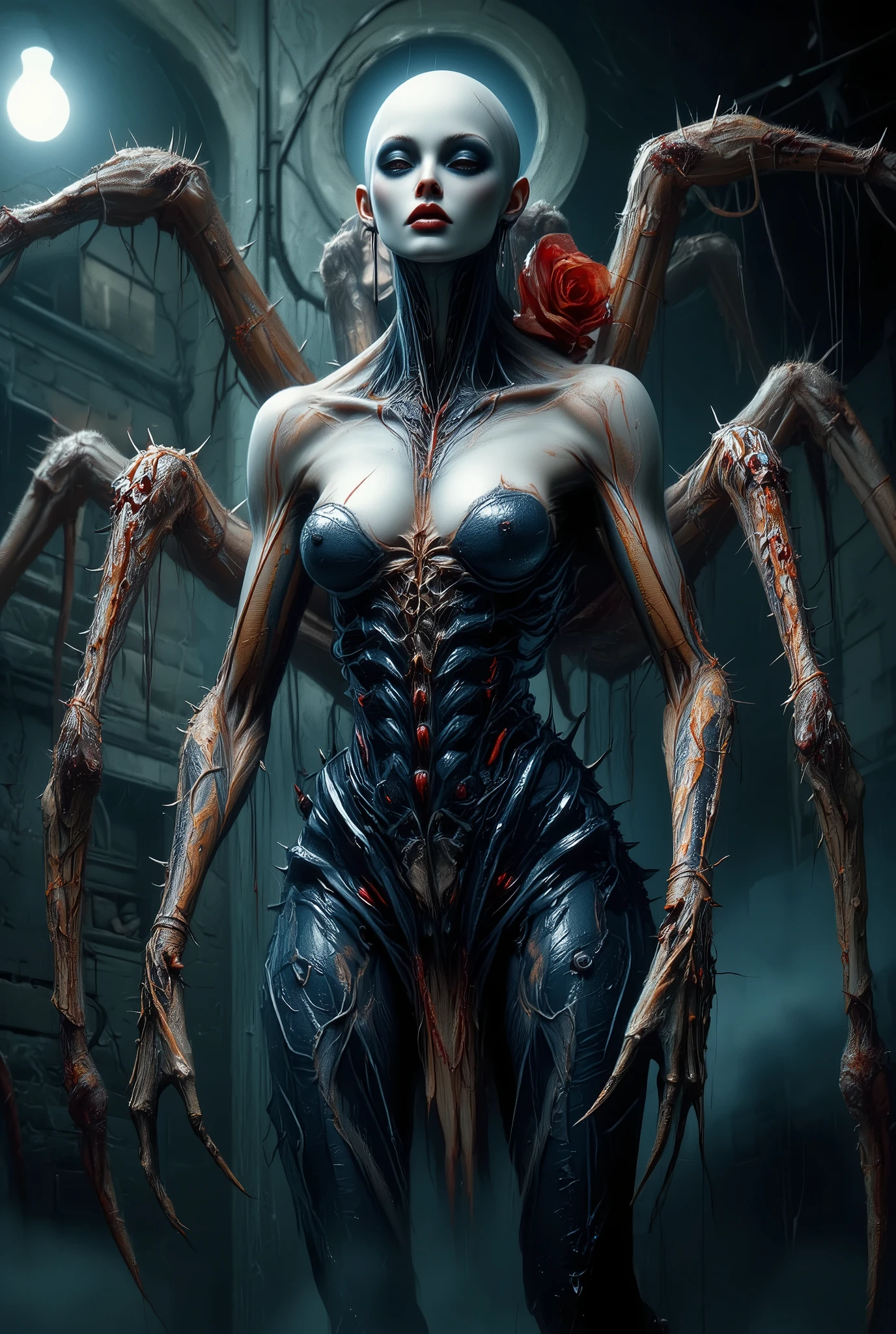 best quality,4k,8k,highres,masterpiece:1.2),ultra-detailed,realistic,photorealistic:1.37,this creature, a terrifying fusion of spider and human female with six arms, embodies a grotesque harmony of two distinct forms. Its upper body retains the unmistakable features of a woman, albeit distorted by the merging process. its eyes gleam with a sinister intelligence, more arachnid than human. (stunning lips, white skin:1.3),

From the torso sprout four additional limbs, elongated and jointed like a spider's, yet retaining a disturbingly human fleshiness. These arms are equipped with fingers that end in sharp, chitinous claws, capable of rending flesh with ease.

The lower body is a fusion of spider and human anatomy, with the abdomen stretching out behind like that of a monstrous arachnid. Jagged spines protrude from its exoskeleton, each one a reminder of its unnatural origins. The legs, a grotesque combination of human thighs and spider's hairy appendages, provide both agility and strength, enabling it to skitter across surfaces with alarming speed and grace.

In its presence, one cannot help but feel a primal fear, as if staring into the abyss where human and arachnid merge to create a nightmare incarnate. neon colored